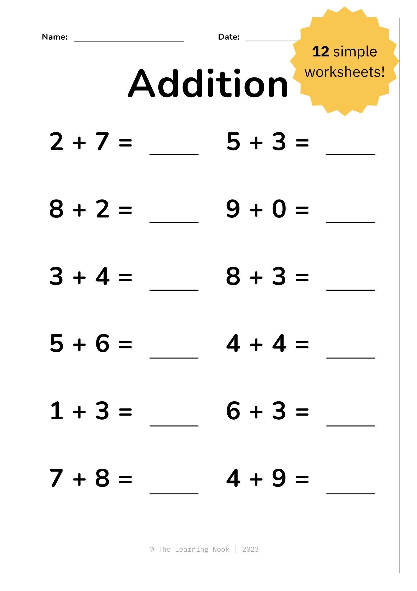 12 Printable Addition Worksheets Single Digit Addition Maths Drills Kids Learning Homeschool Kindergarten First Grade Maths Etsy