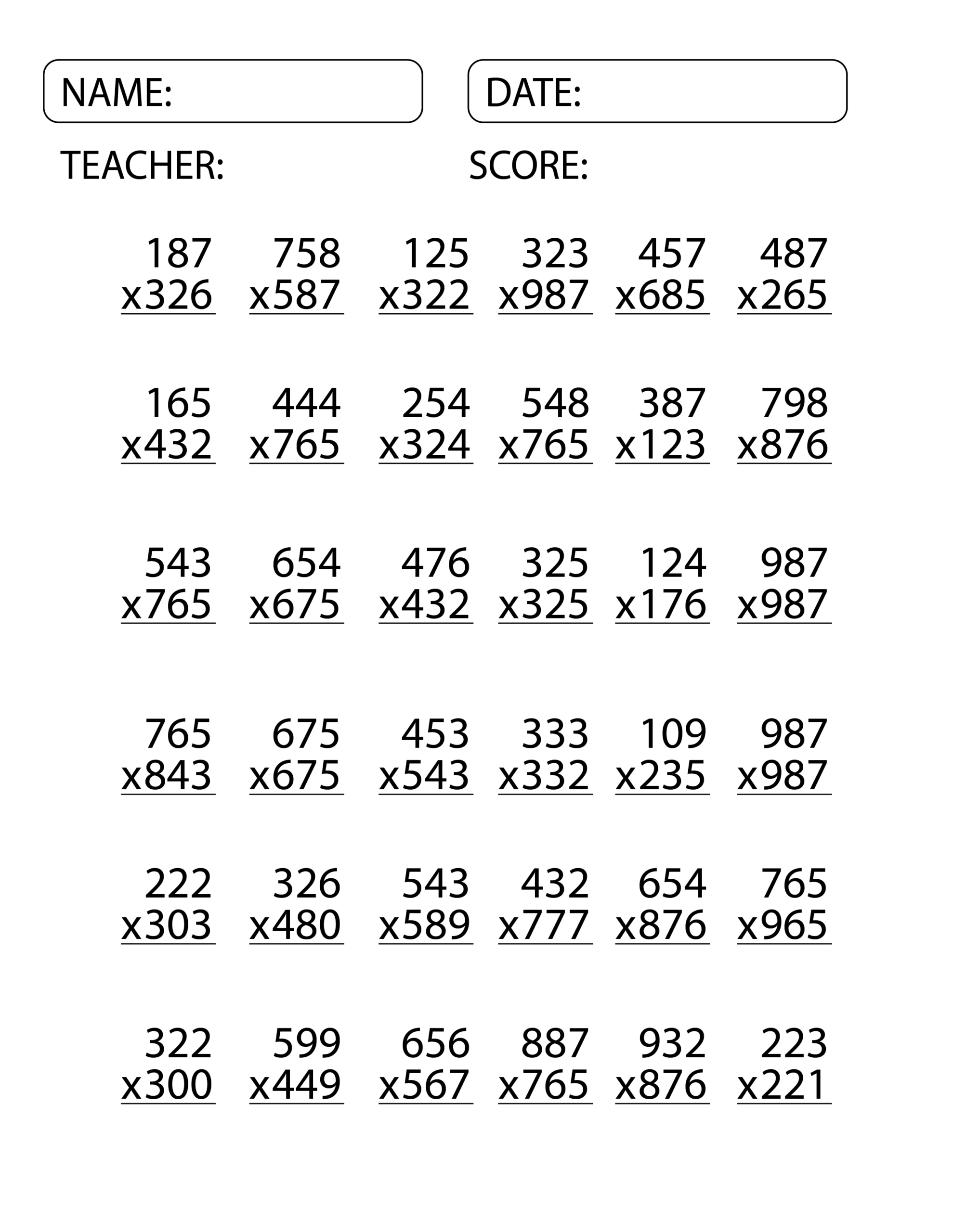 3 Digit By 3 Digit Multiplication Worksheets Exam Math Multiplication Made By Teachers