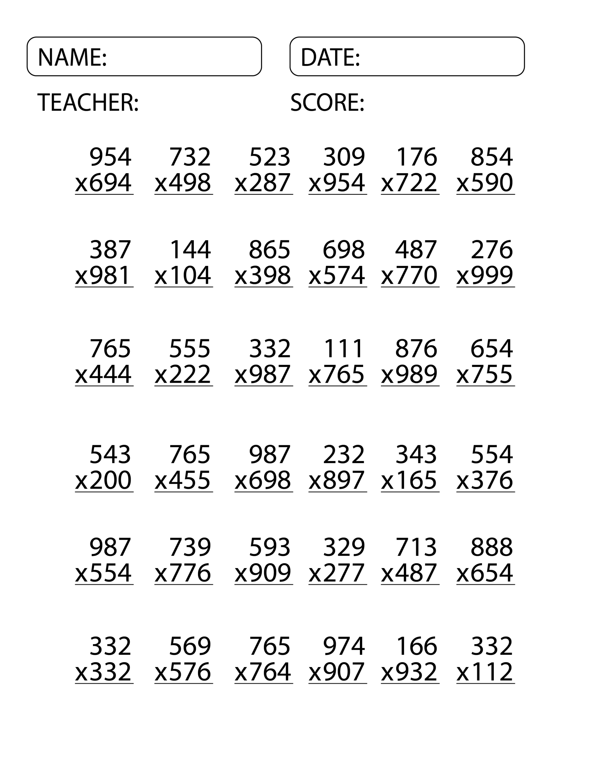 multiplication worksheets grade 3