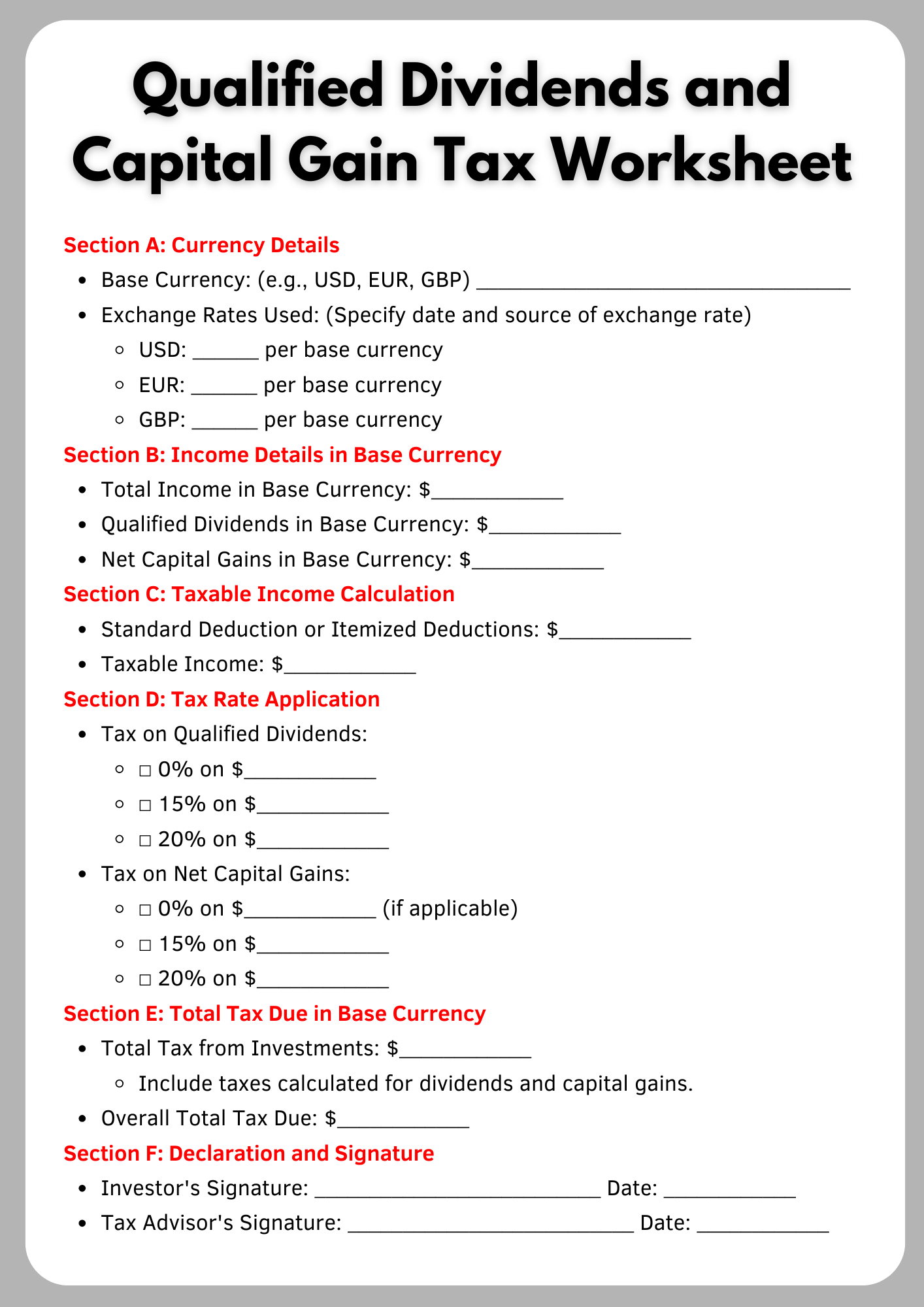 qualified dividends and capital gain tax worksheet