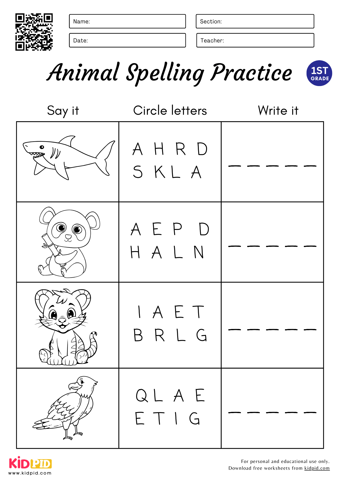 5 Letters Animal Spelling Circle Write Worksheet For Grade 1 Black White Kidpid