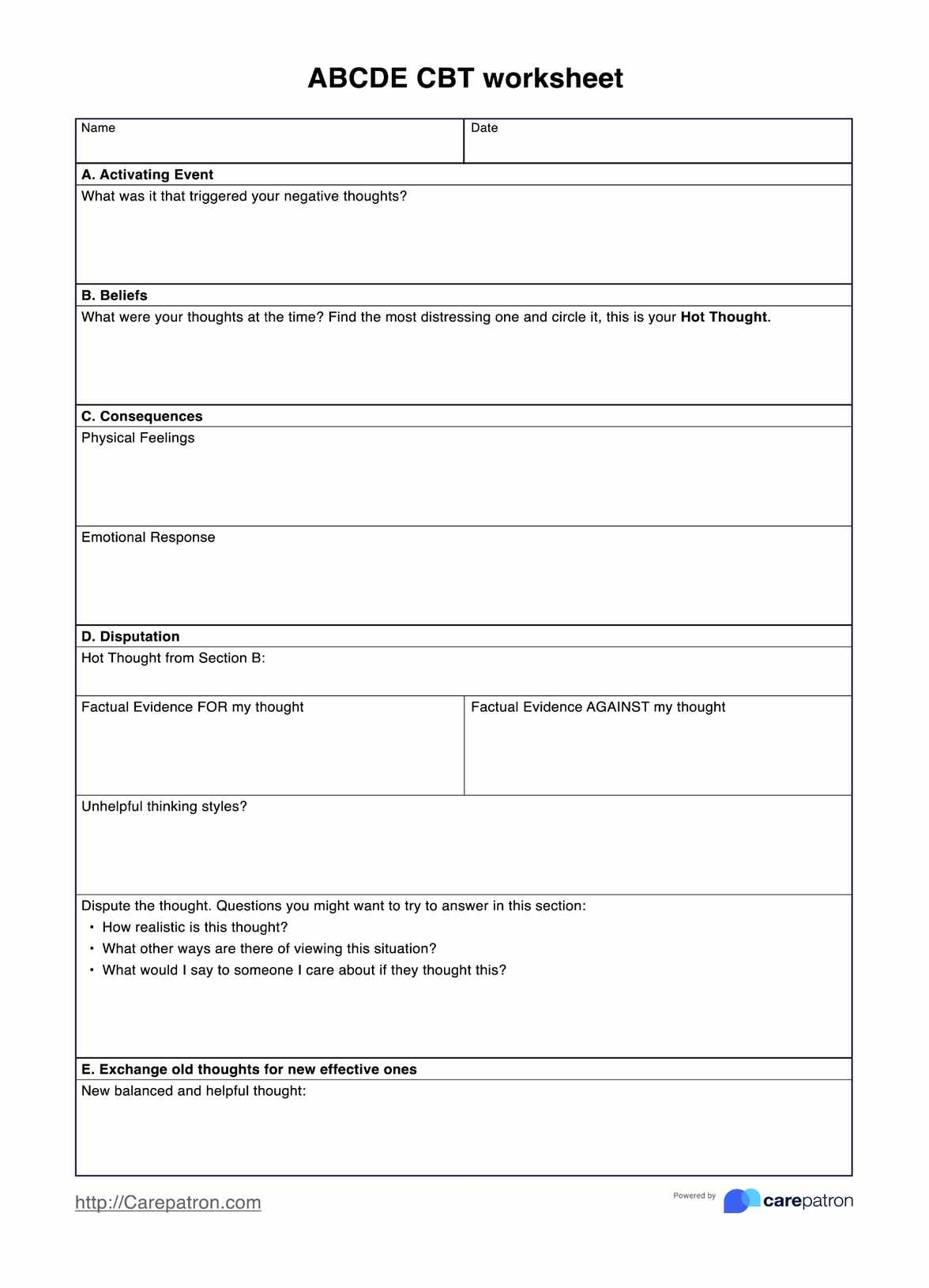 ABCDE CBT Worksheets