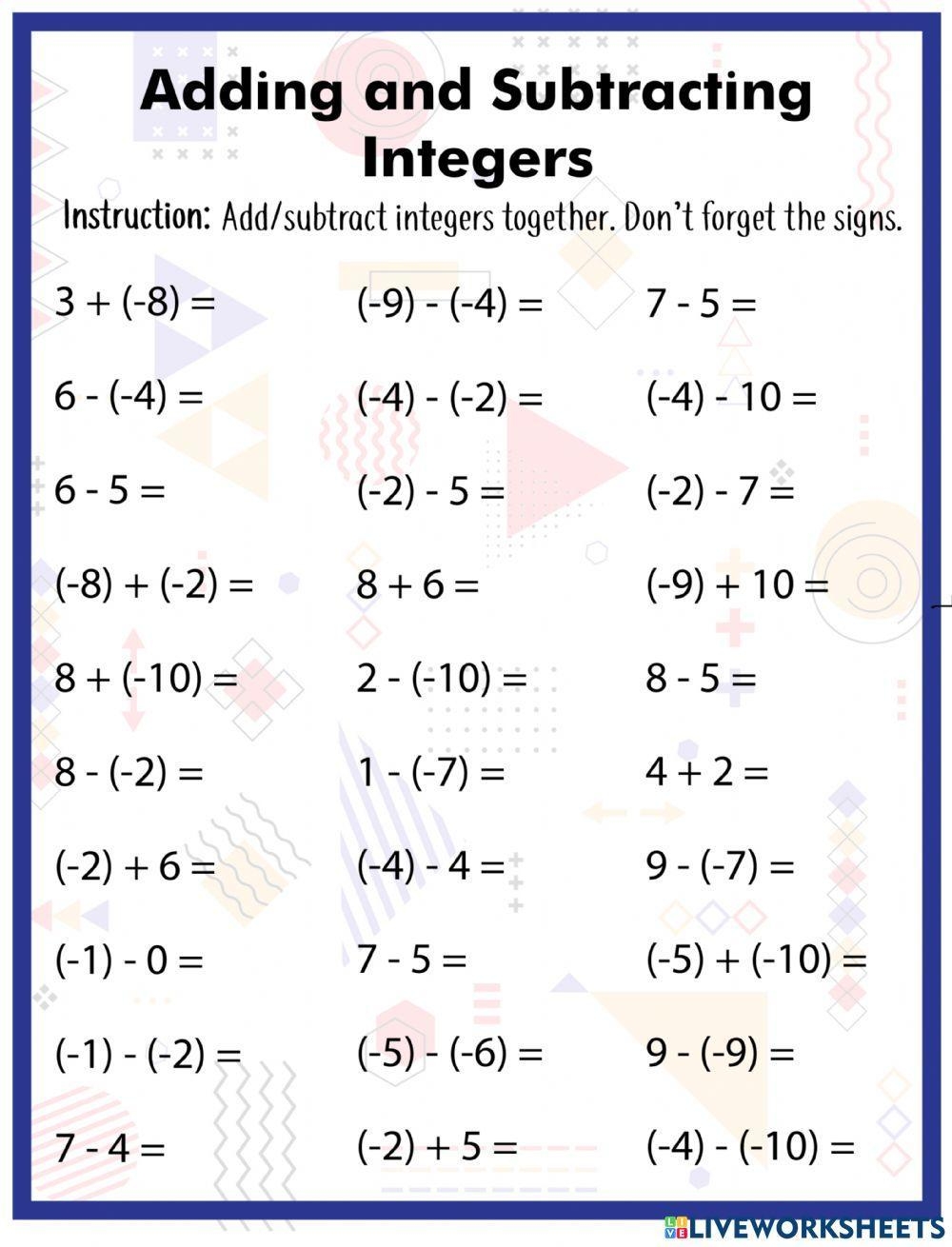 Adding And Subtracting Integers Worksheet For 3 Live Worksheets Worksheets Library