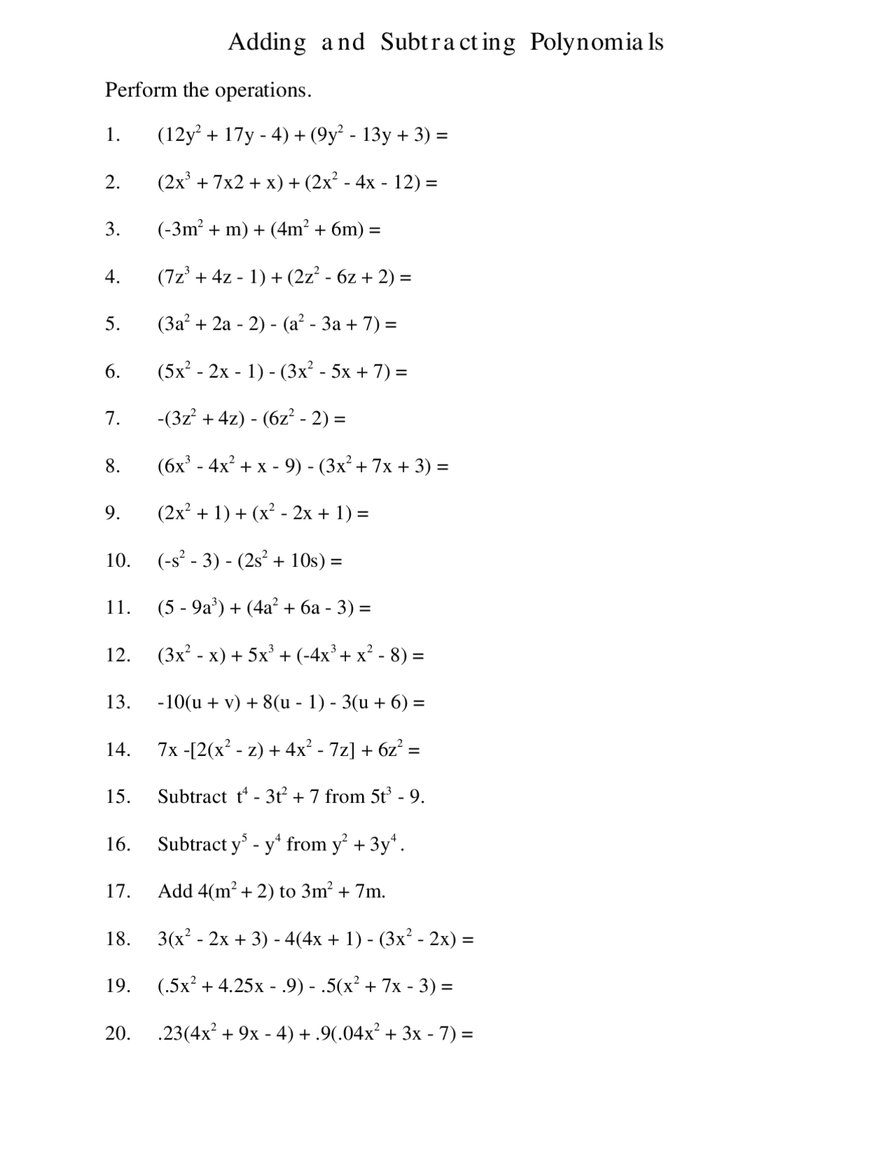 Adding And Subtracting Polynomials Exercises With Solutions Study Notes Algebra Docsity