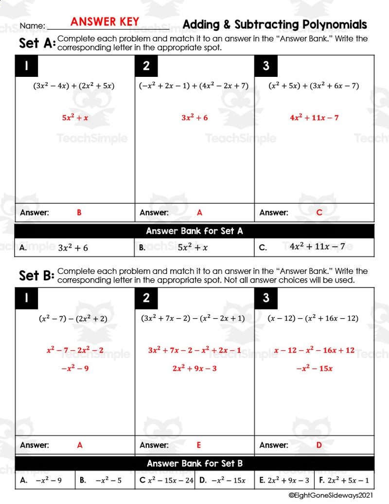 Adding And Subtracting Polynomials Leveled Checking Worksheet By Teach Simple