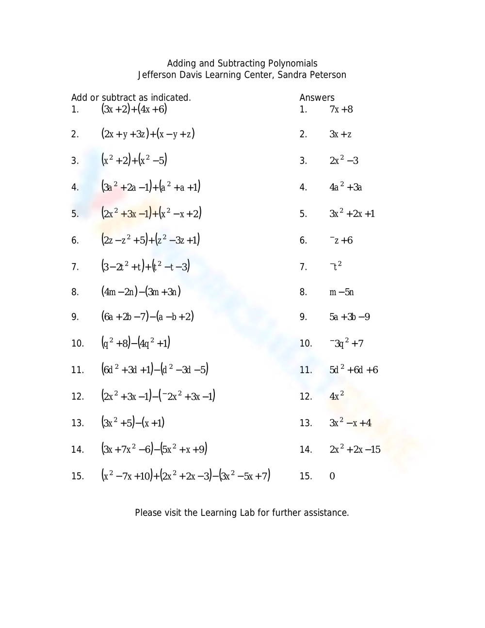 Adding And Subtracting Polynomials Worksheets