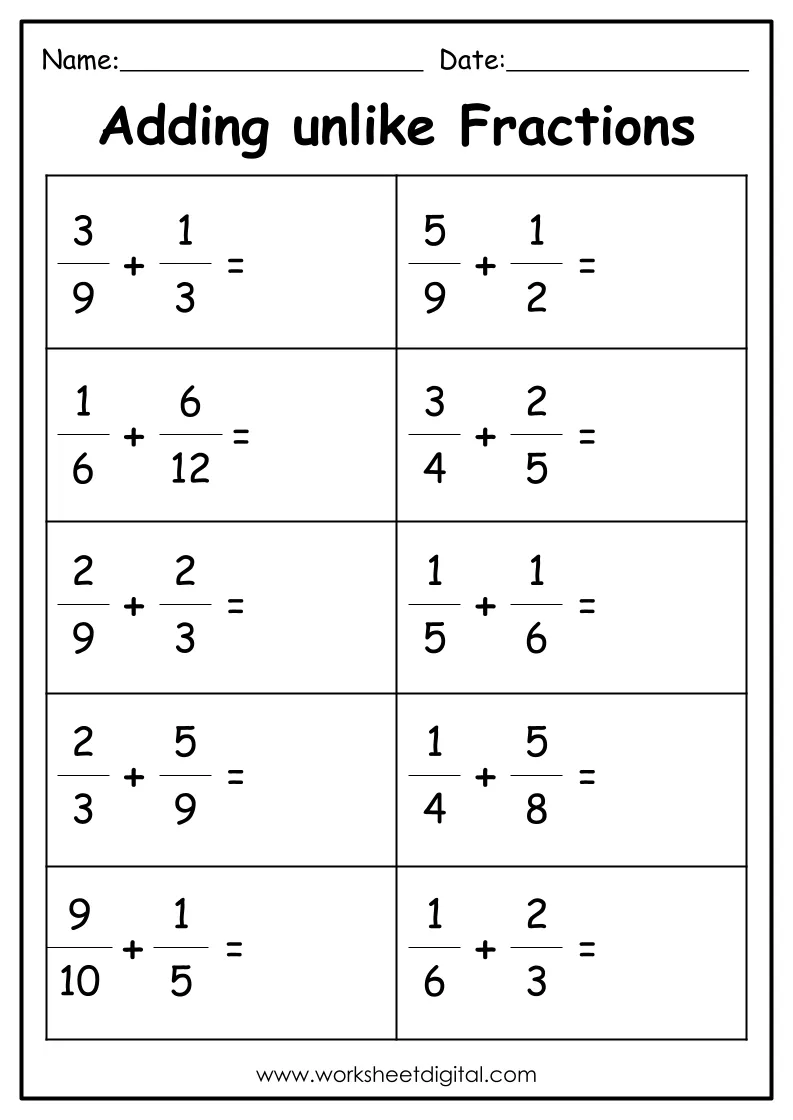 Adding Fractions With Unlike Denominators Worksheet Digital Worksheets Library