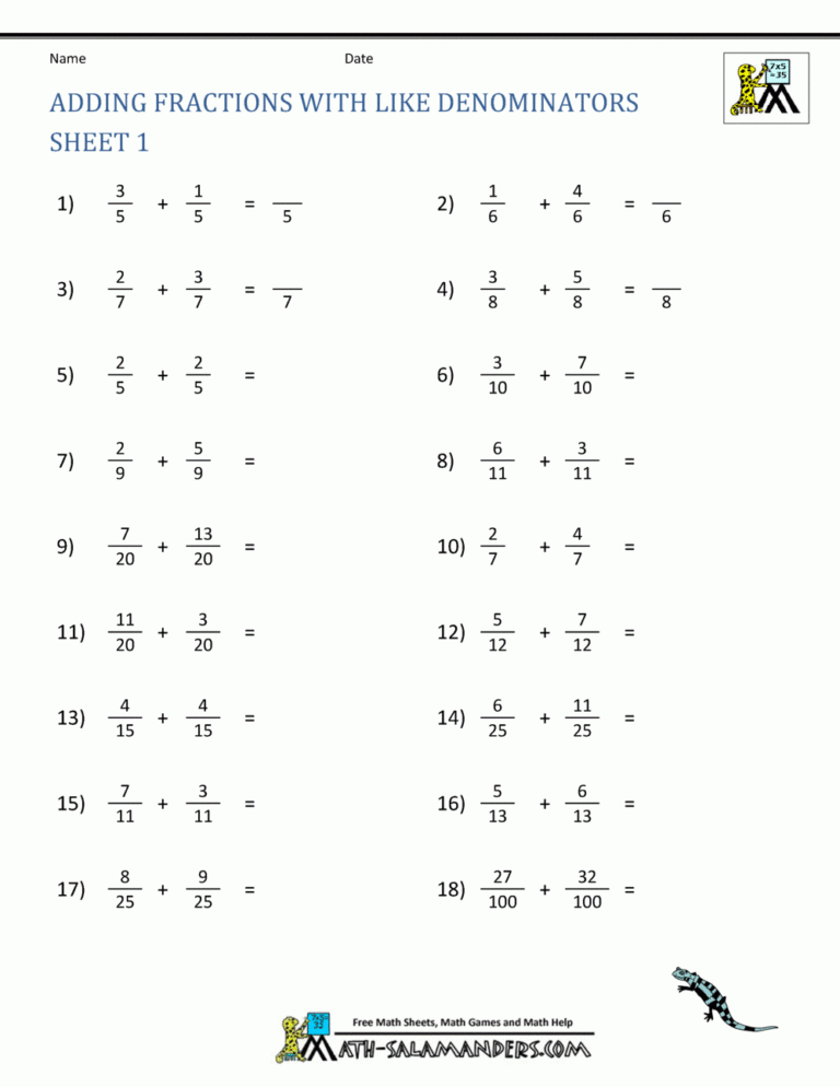 Adding Fractions Worksheets