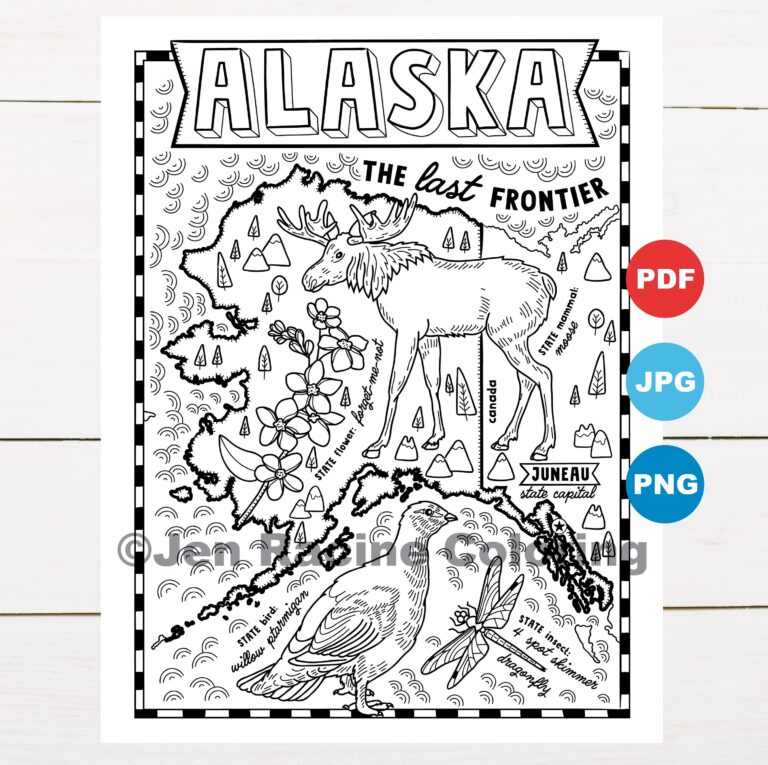 Alaska Coloring Page United States State Map Wildlife State Symbols Flowers Coloring Pages Etsy