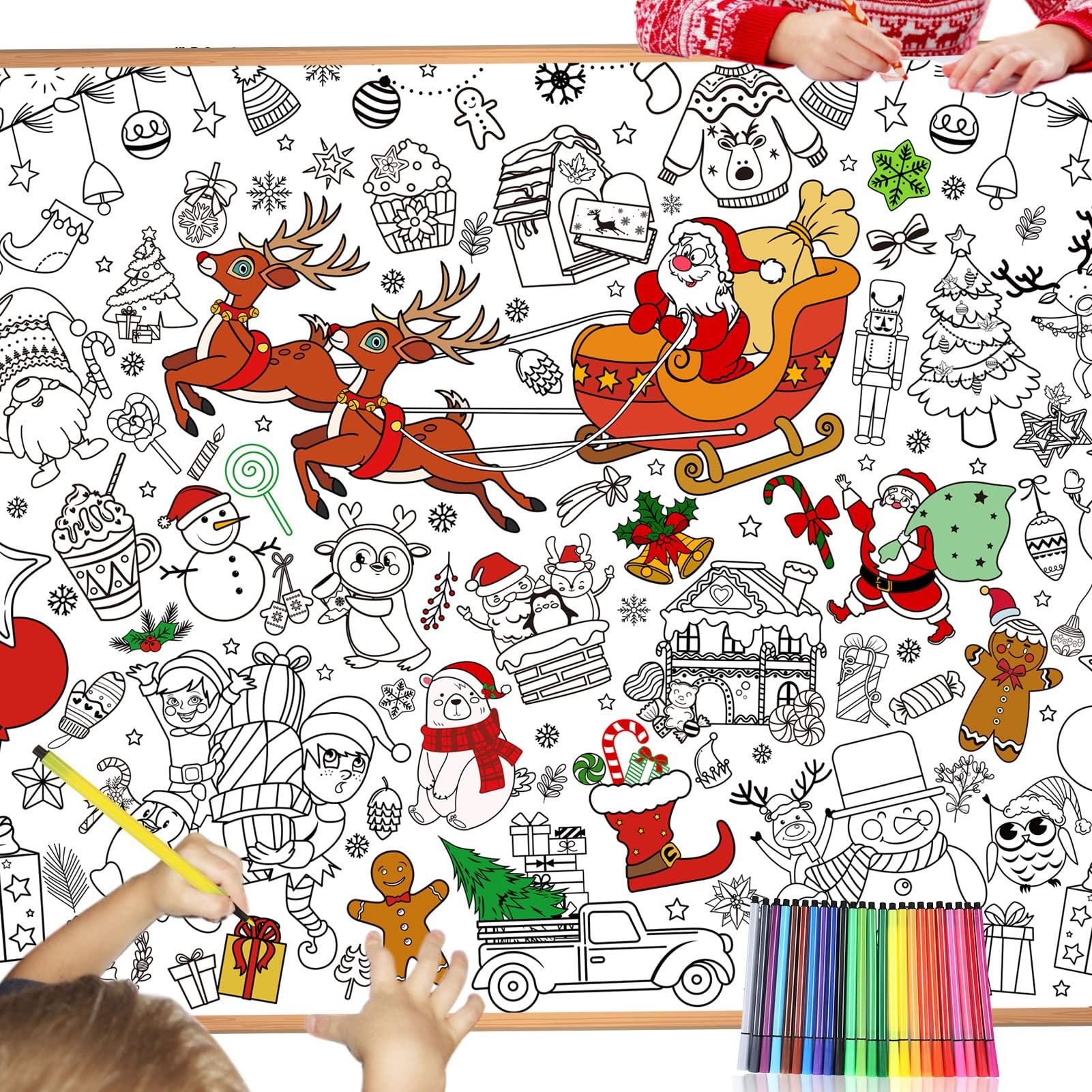 Amazon HOWAF Giant Christmas Coloring Poster With 24 Paint Pens Jumbo Paper Coloring Banner Or Tablecloth For Kids Indoor Arts And Crafts Activity Coloring Table Cover Banner For Christmas Party Supplies 