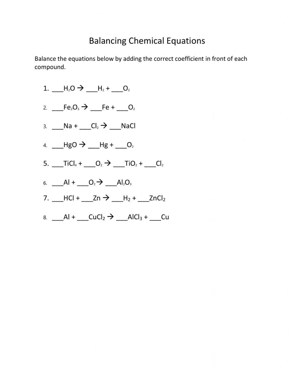 Balancing Chemical Equations Interactive Worksheet Live Worksheets Worksheets Library