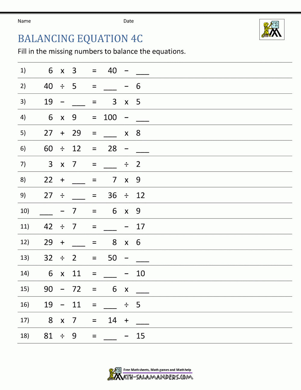 Balancing Math Equations Worksheets Help