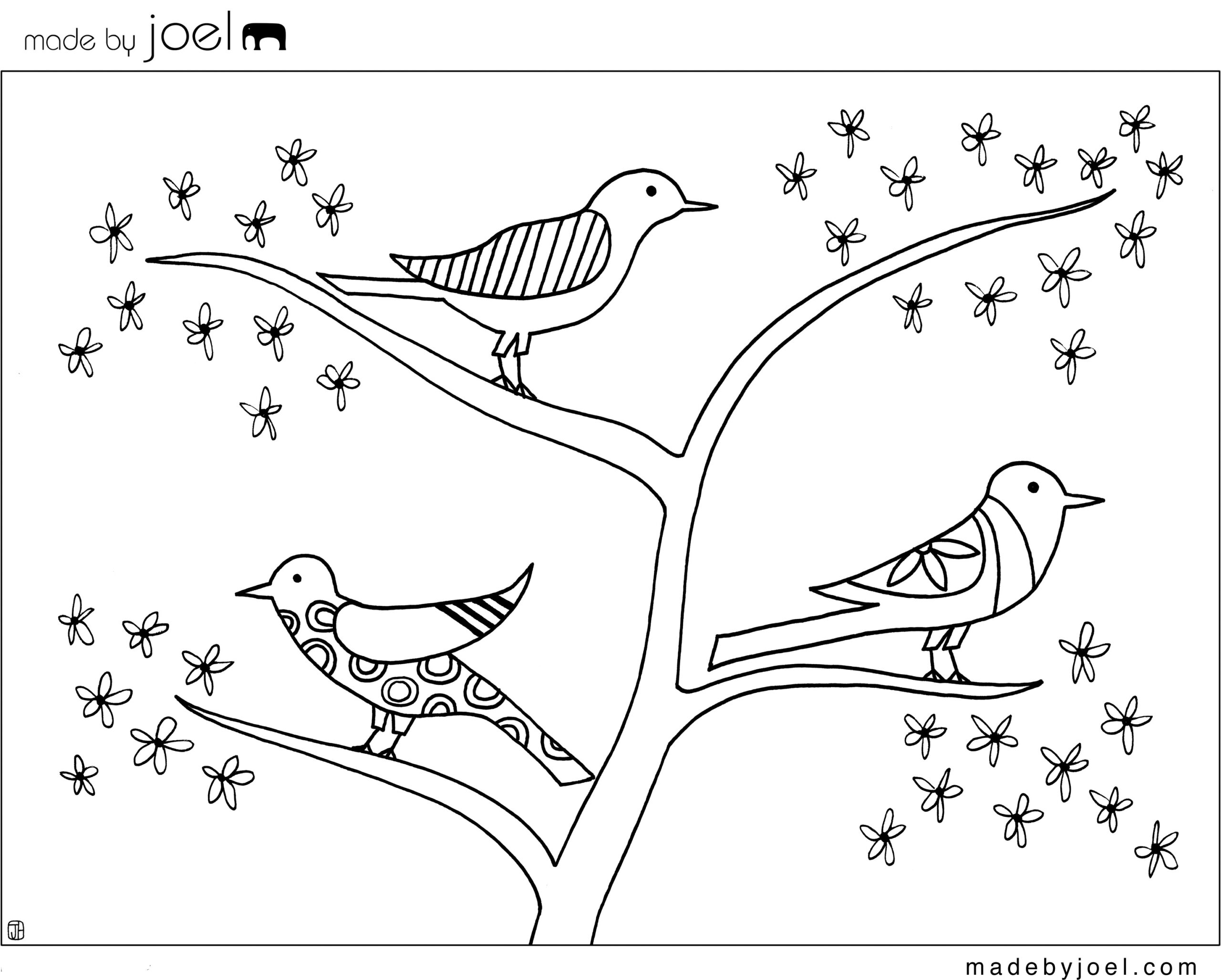 kids printable coloring pages birds and flowers
