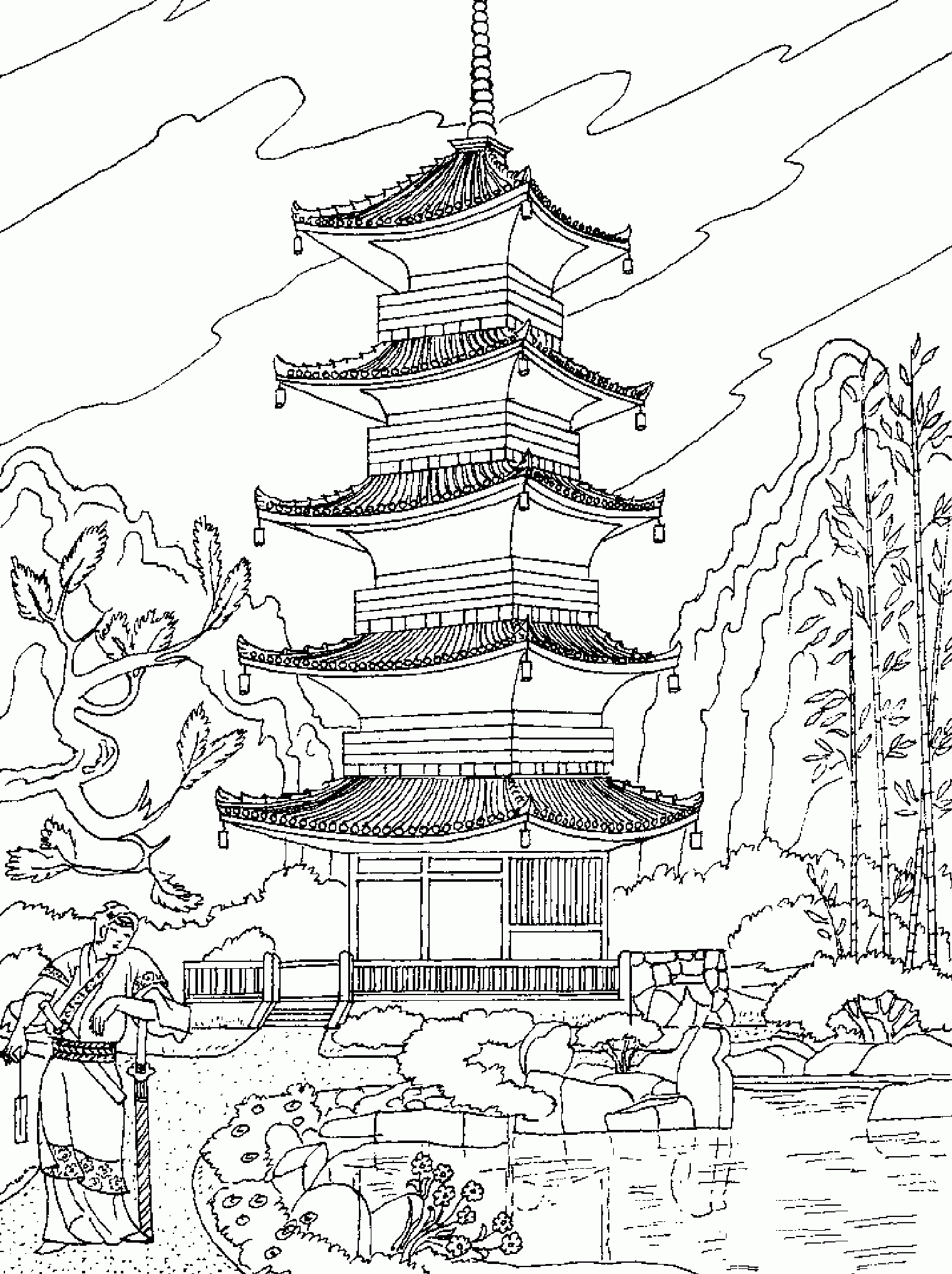 Chinese Temple China Asia Coloring Pages For Adults