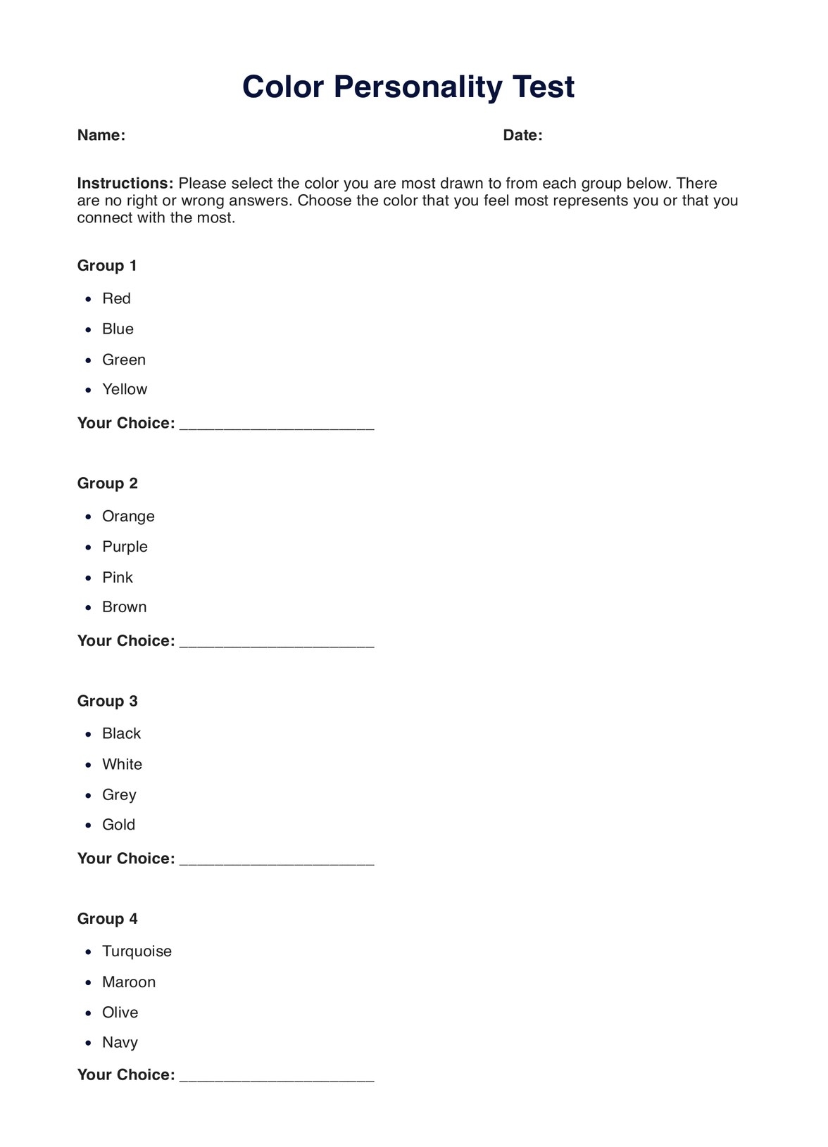 Color Personality Test Example Free PDF Download