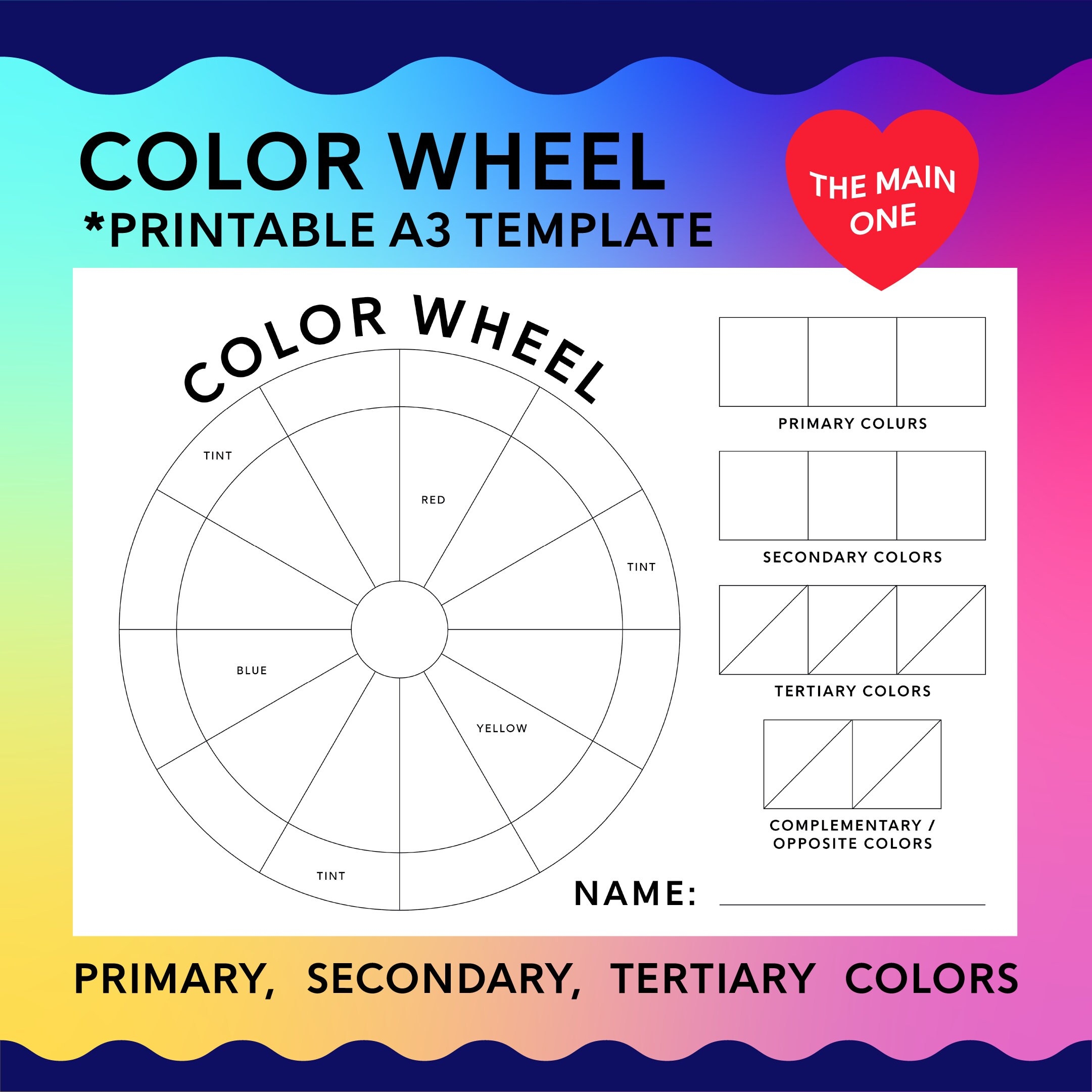 COLOR WHEEL The MAIN One Printable A3 Template Color Theory Painting Lesson For Teachers And Students American Spelling Etsy