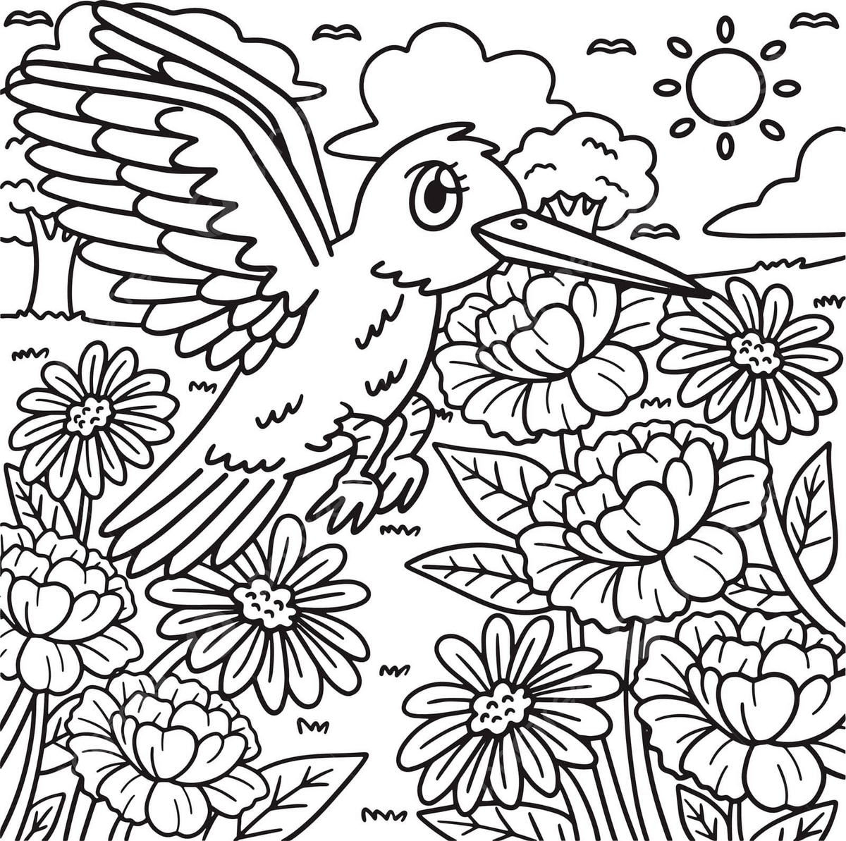 Coloring Page For Kids Bird Flying Over Blooming Flowers In Spring Vector Flower Drawing Flowers Drawing Bird Drawing Illustration Background And Wallpaper For Free Download Pngtree