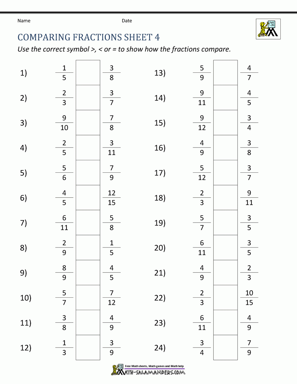 Comparing Fractions Worksheet Comparing Fractions Worksheet