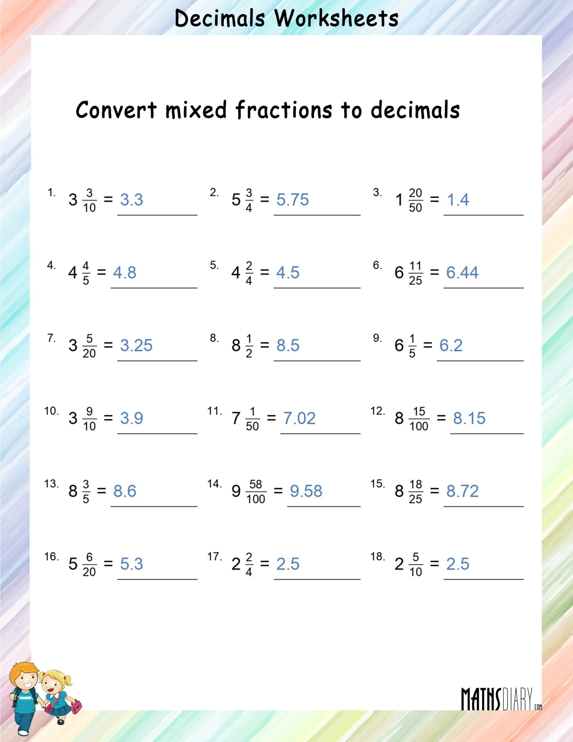 Convert Mixed Fractions To Decimals Worksheets Math Worksheets Worksheets Library