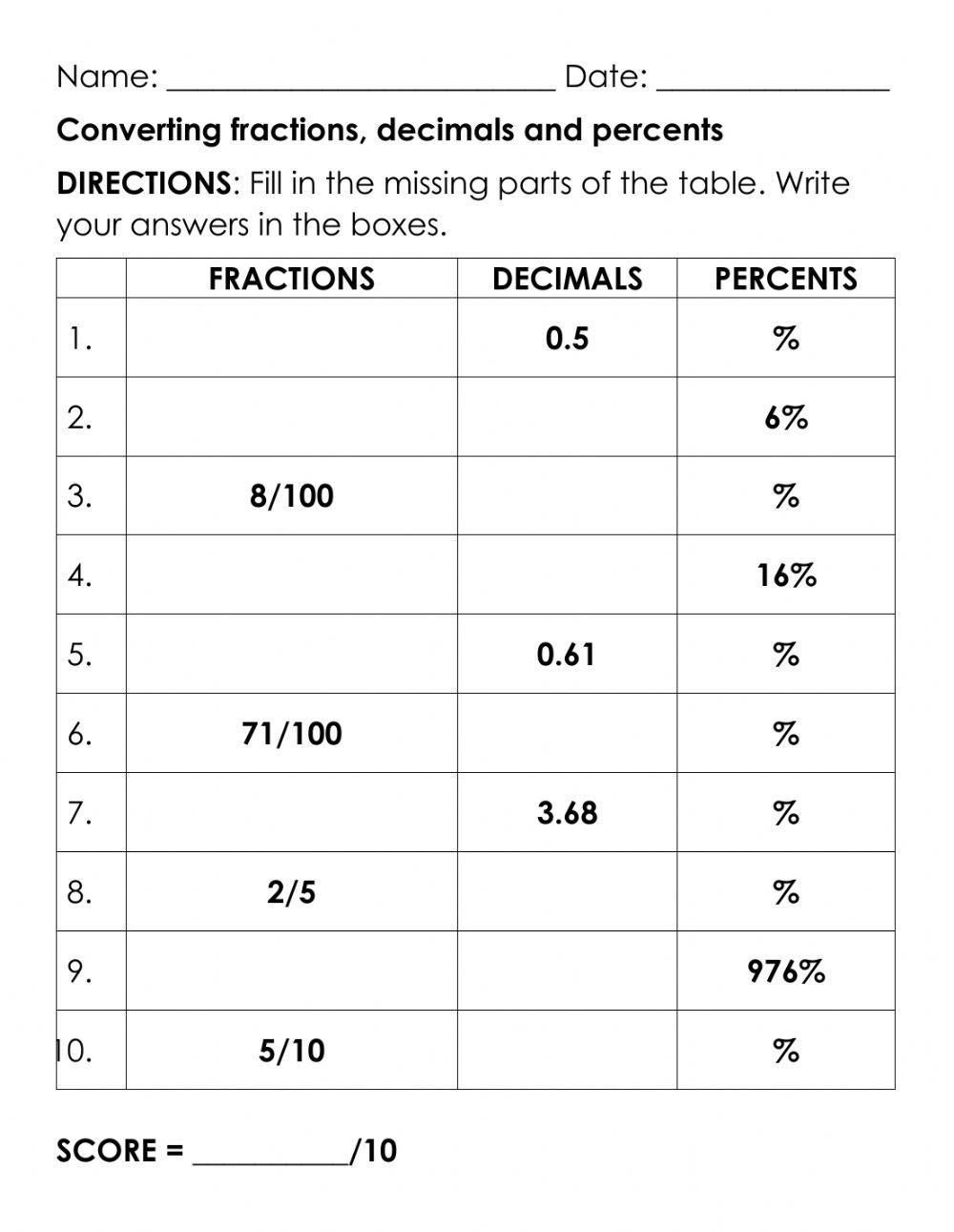 converting fractions to decimals super teacher worksheets