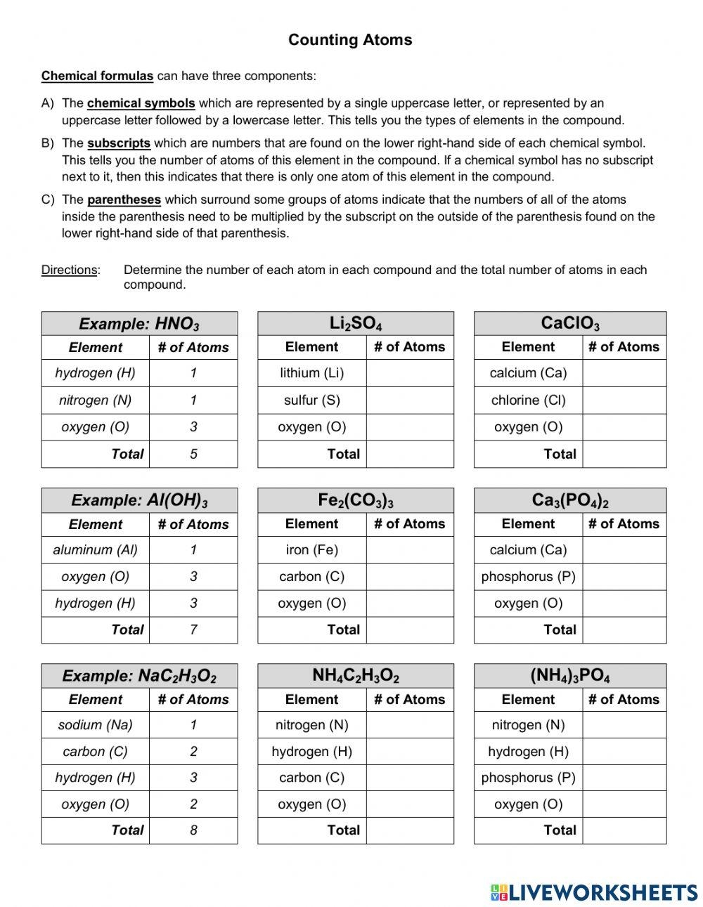 Counting Atoms Online Exercise For Live Worksheets Worksheets Library