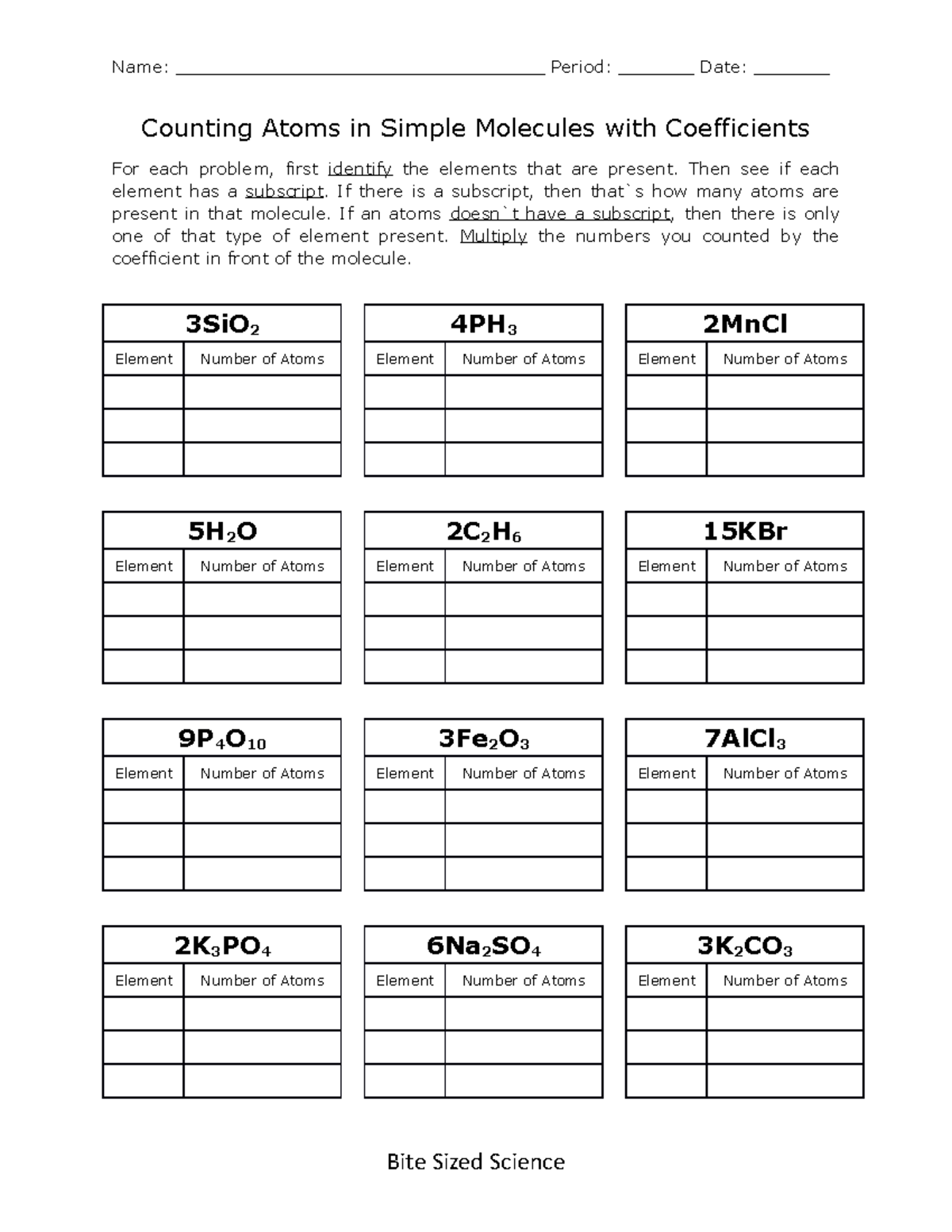 Counting Atomsin Simple Moleculeswith Coefficients Worksheet Answers 1 Name Studocu