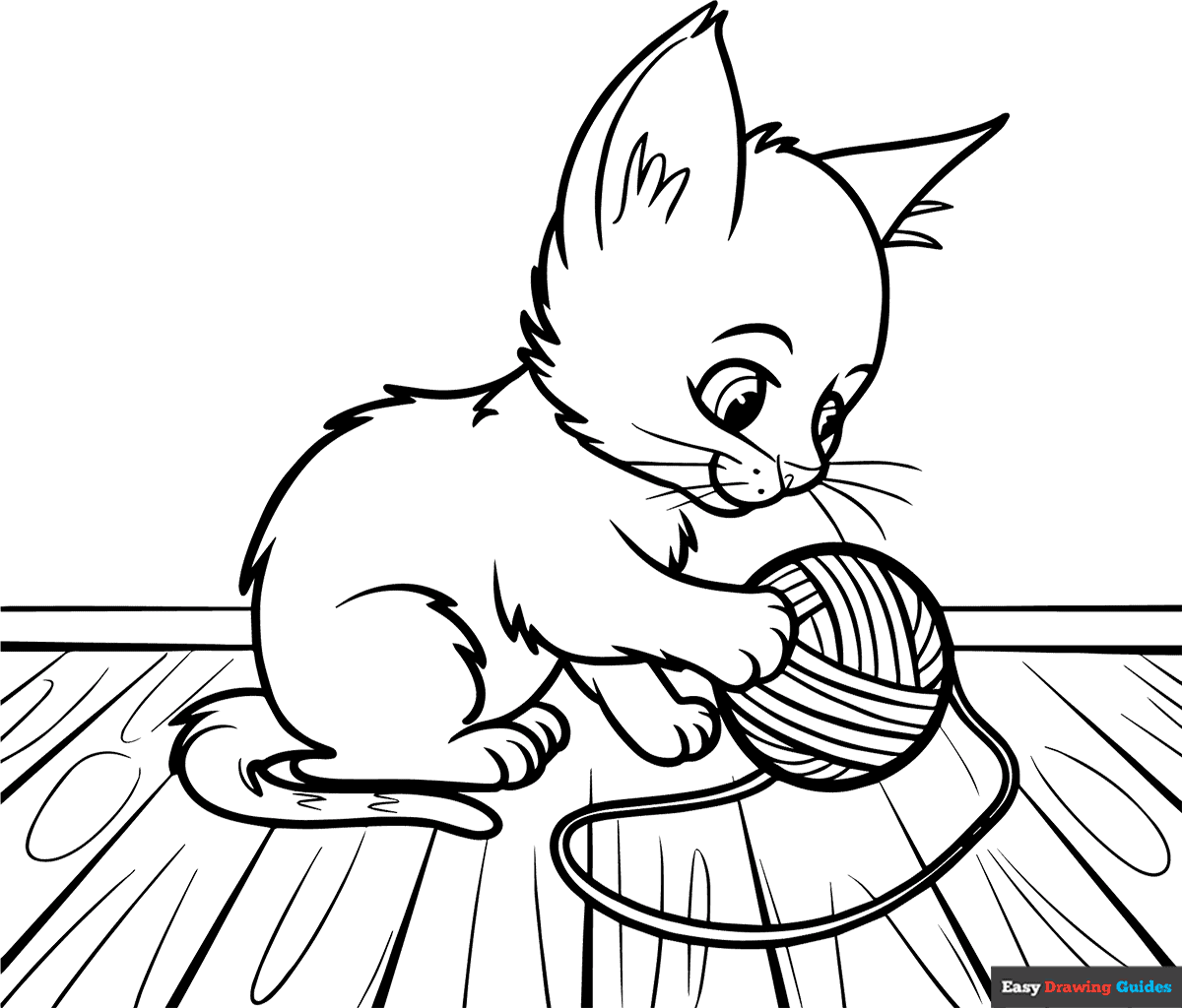 Cute Kitten With Ball Of Yarn Coloring Page Easy Drawing Guides