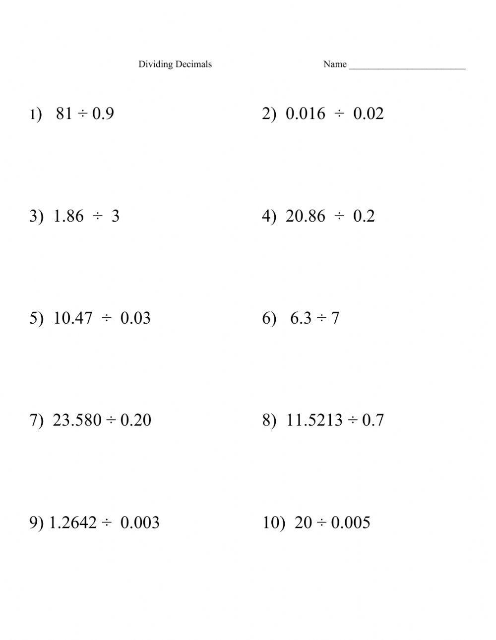 dividing decimals by decimals worksheet dividing decimals by decimals worksheet