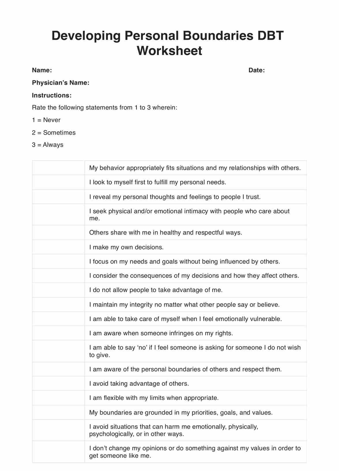 Developing Personal Boundaries DBT Worksheets