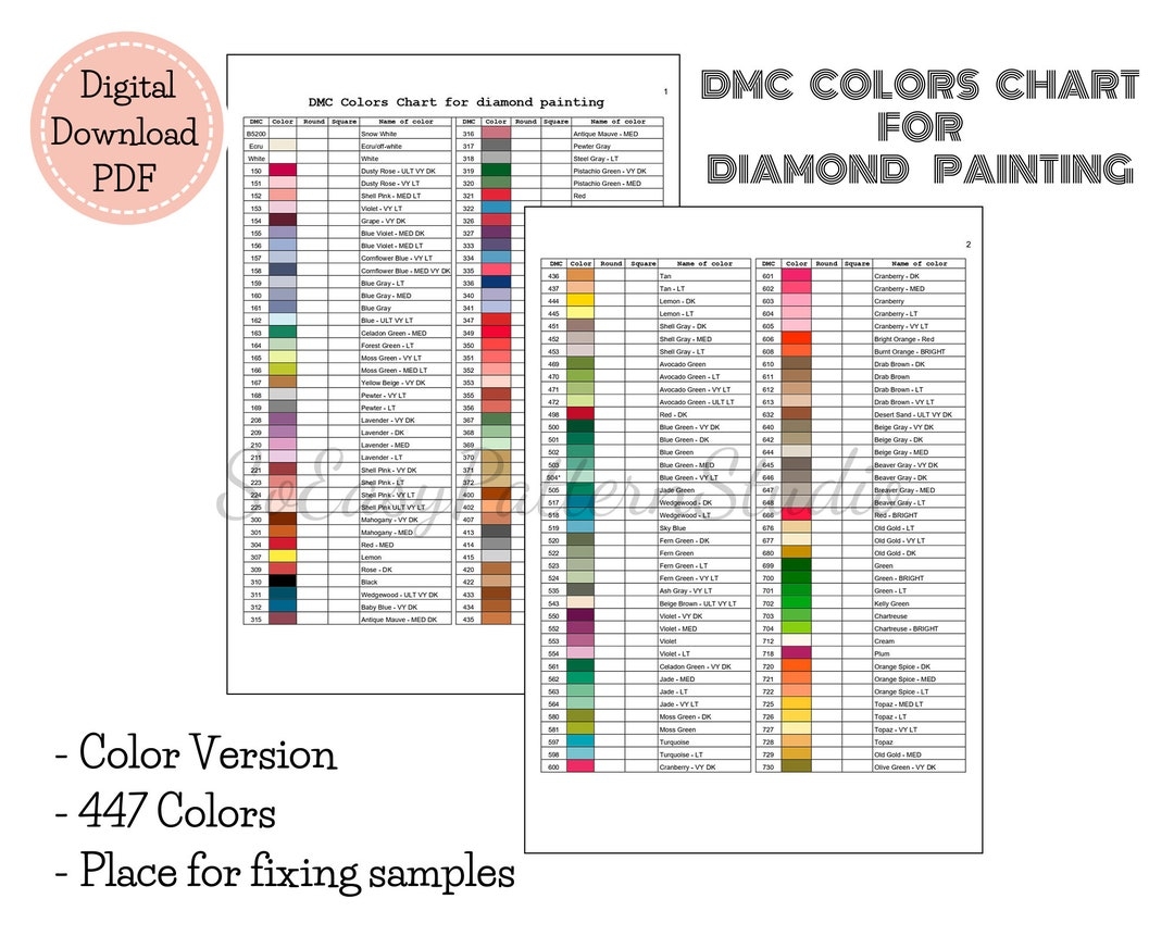 Diamond Painting Dmc Color Chart DMC Colors Char For Diamond Painting PDF Download File DMC Diamond Art Color Chart Dmc Inventory List Etsy Israel