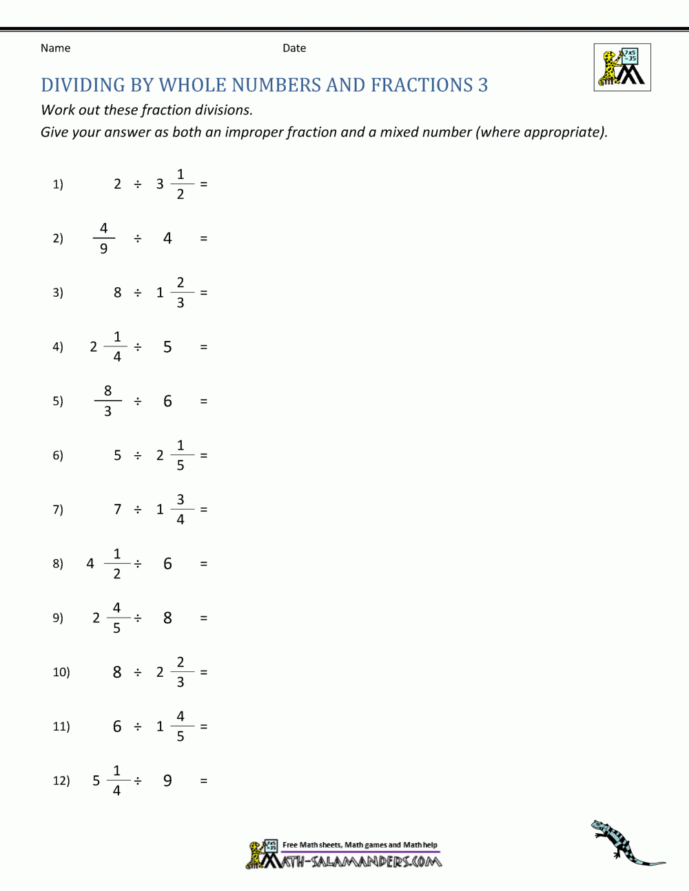 dividing fractions worksheet
