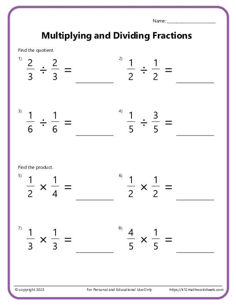 Dividing Fractions Worksheets