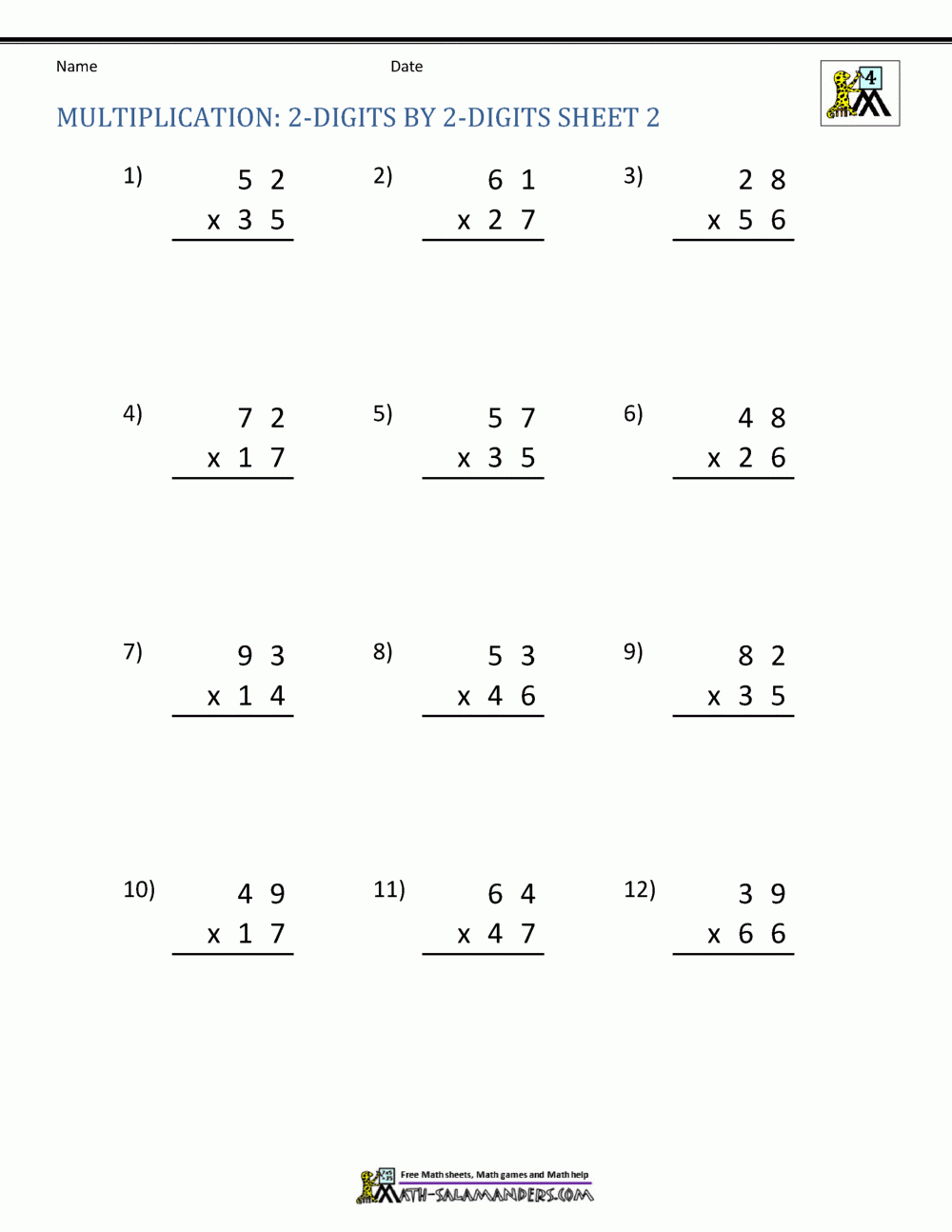 Double Digit Multiplication Worksheets 4th Grade