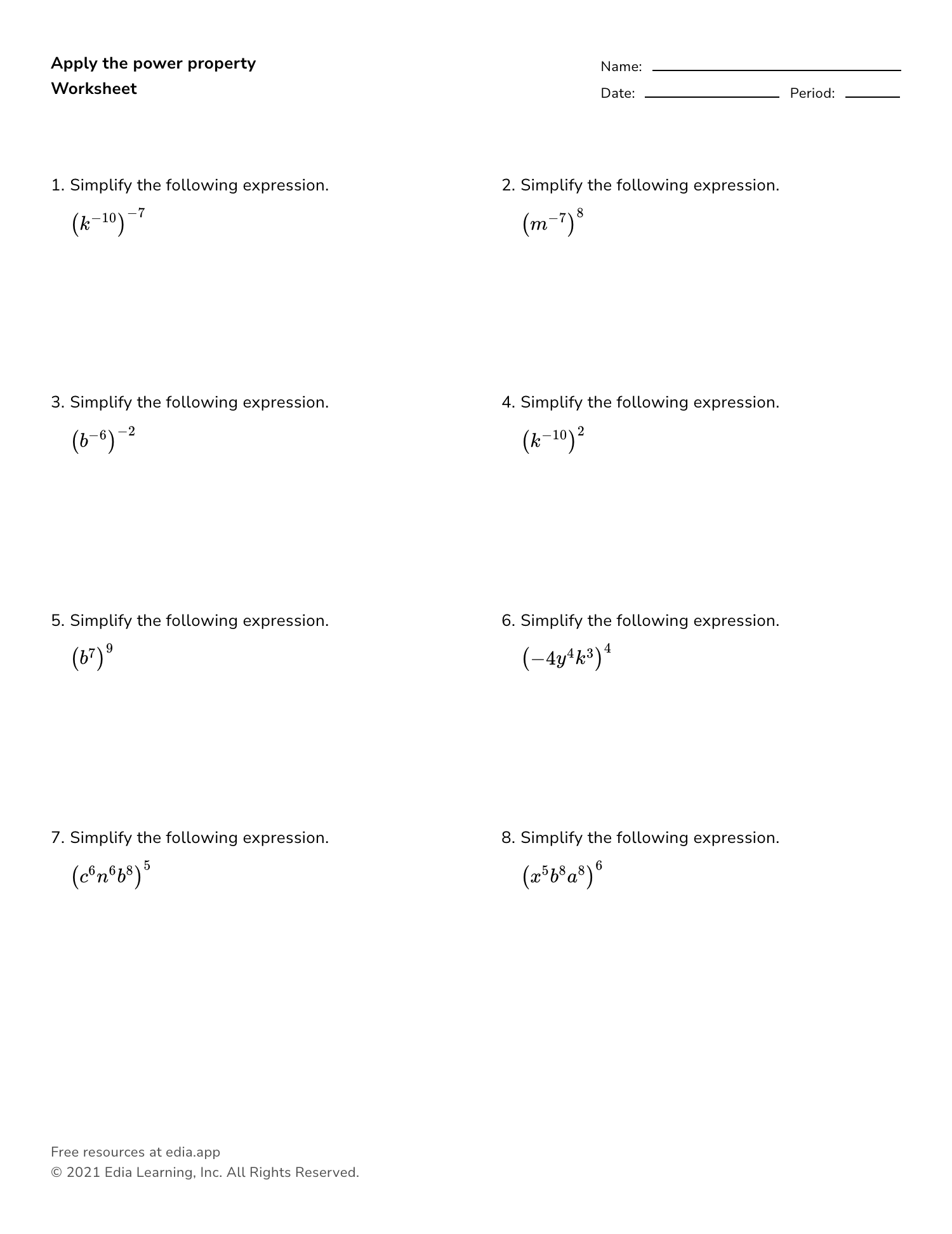 algebra positive exponents worksheet pdf