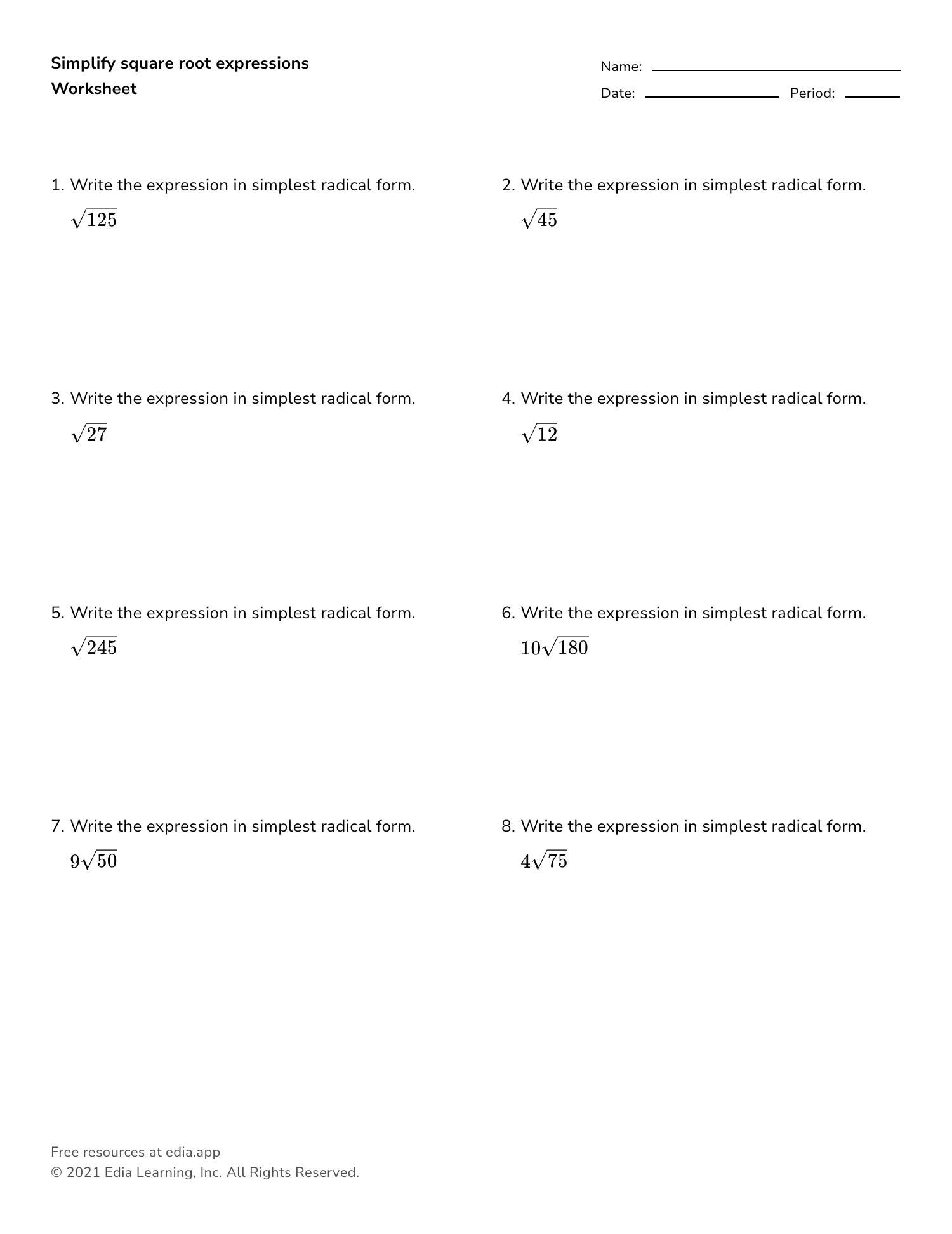 simplifying radicals worksheet
