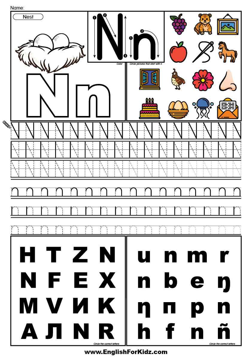 English For Kids Step By Step Letter N Worksheets Flash Cards Coloring Pages