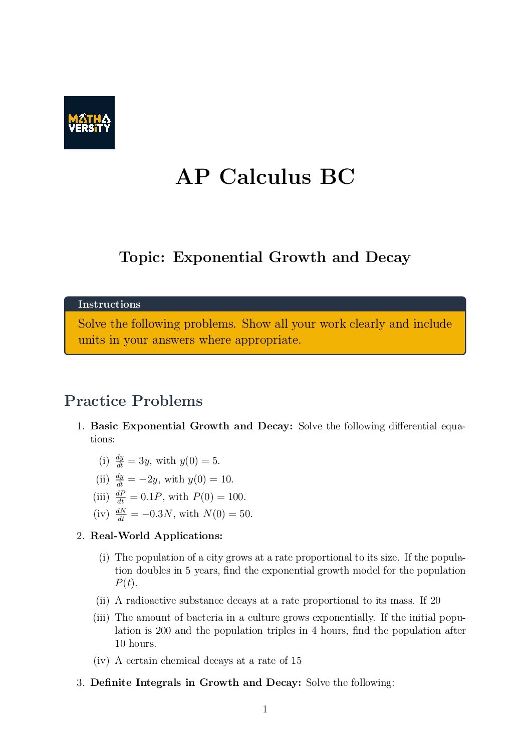 Exponential Growth And Decay AP Calculus BC Free Worksheet Practice Problems Mathaversity Tutors