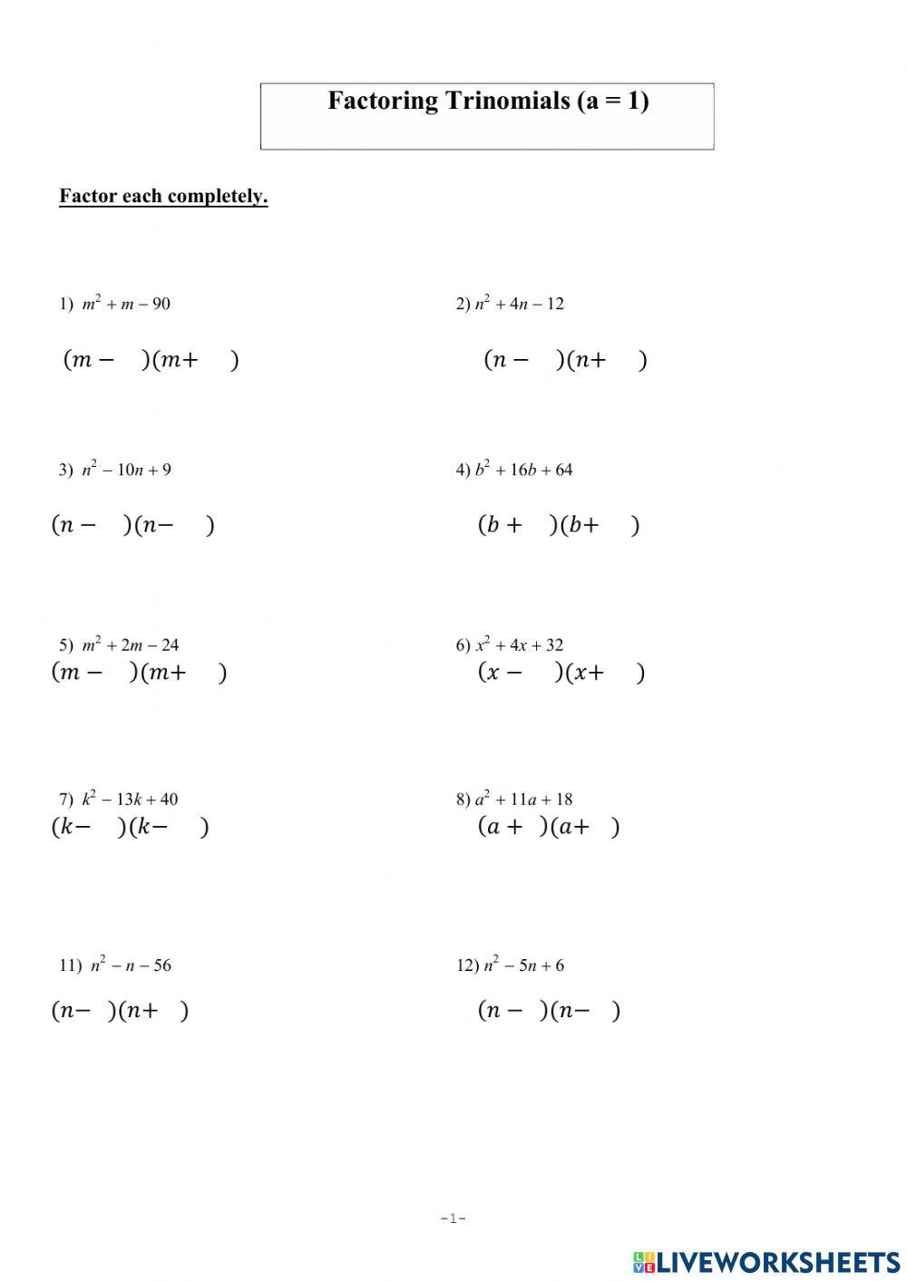 Factoring Trinomials Interactive Worksheet Live Worksheets Worksheets Library Factoring Trinomials Interactive Worksheet Live Worksheets Worksheets Library