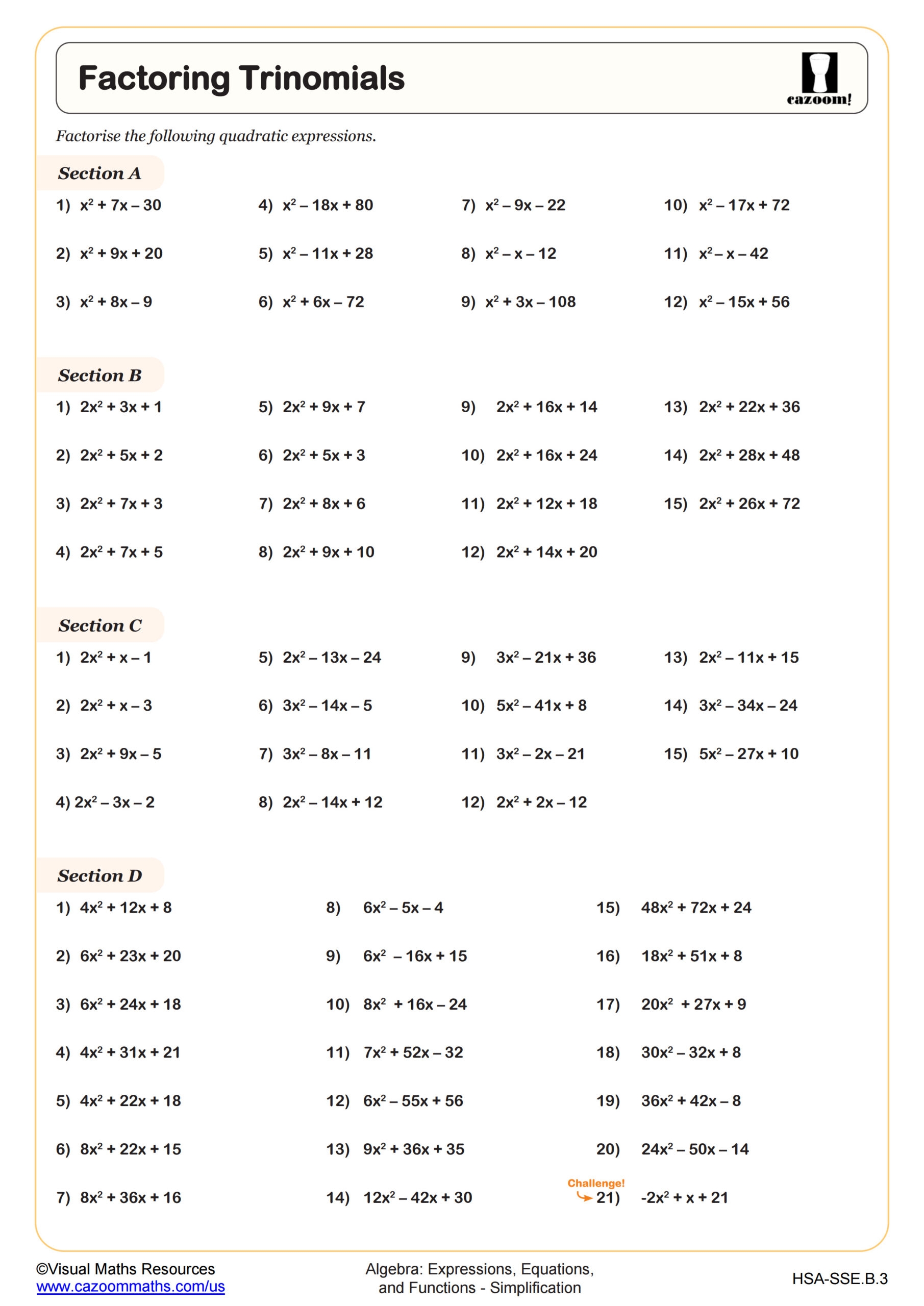 Factoring Trinomials Worksheet PDF Printable Algebra Worksheet Cazoom Math Factoring Trinomials Worksheet PDF Printable Algebra Worksheet Cazoom Math