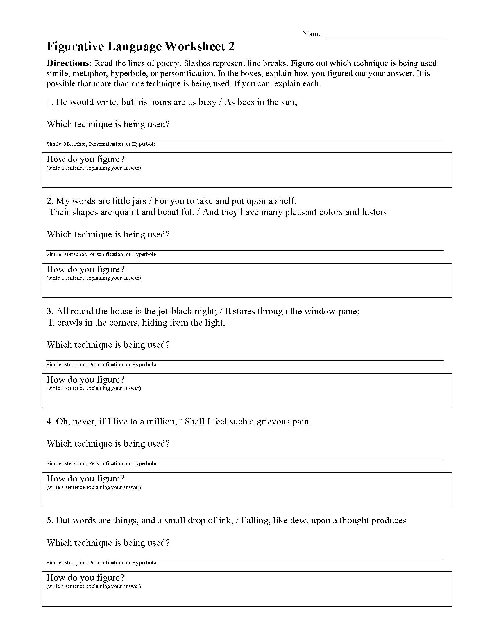 Figurative Language Worksheet 2 Reading Activity Figurative Language Worksheet 2 Reading Activity