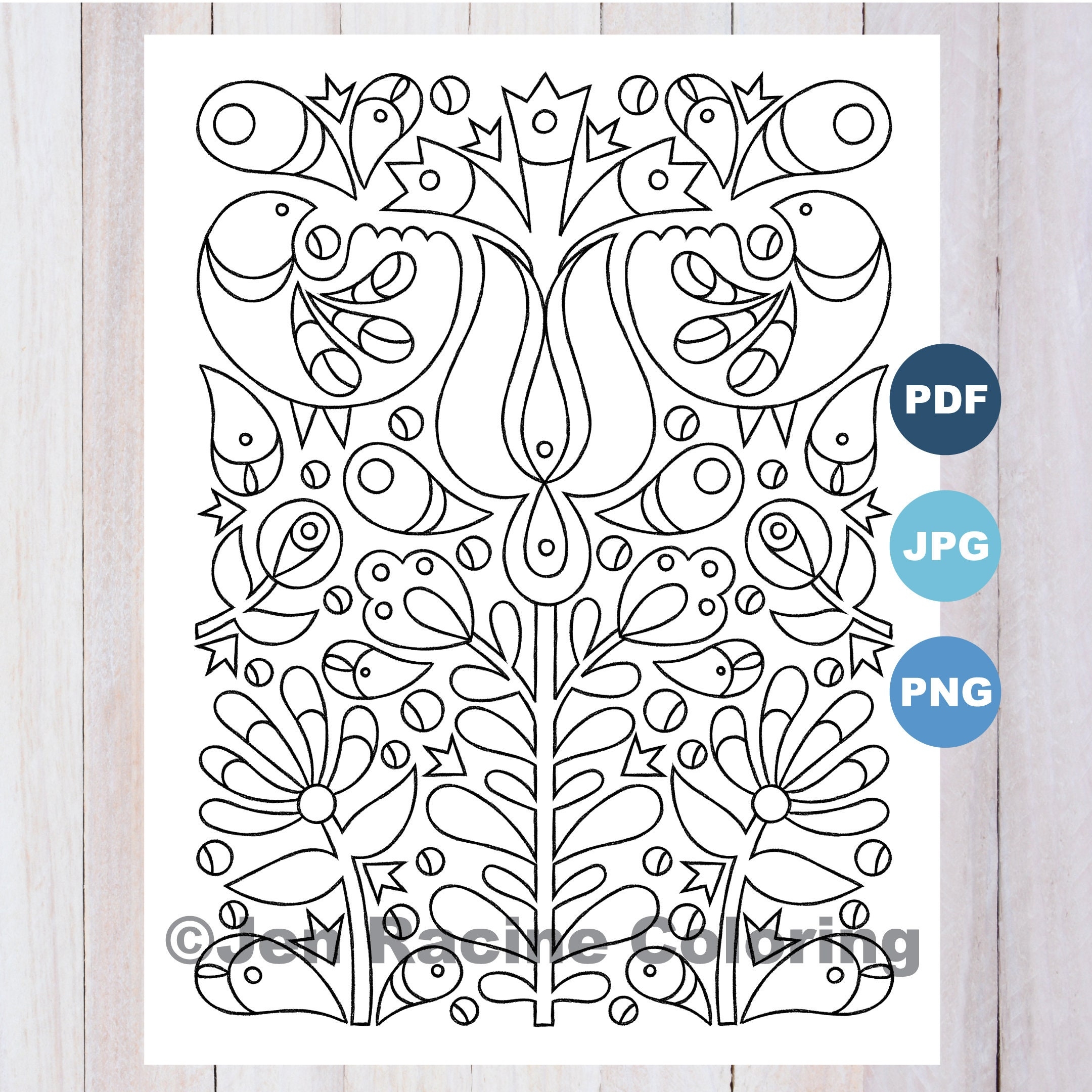 Flower And Birds Scandinavian Inspired Coloring Page Etsy