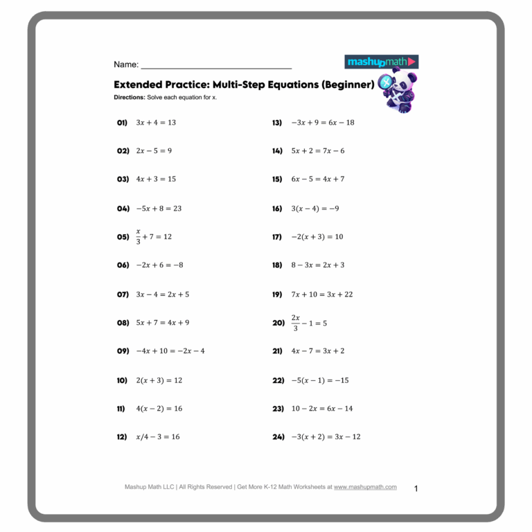 Free Multi Step Equations Worksheets Mashup Math
