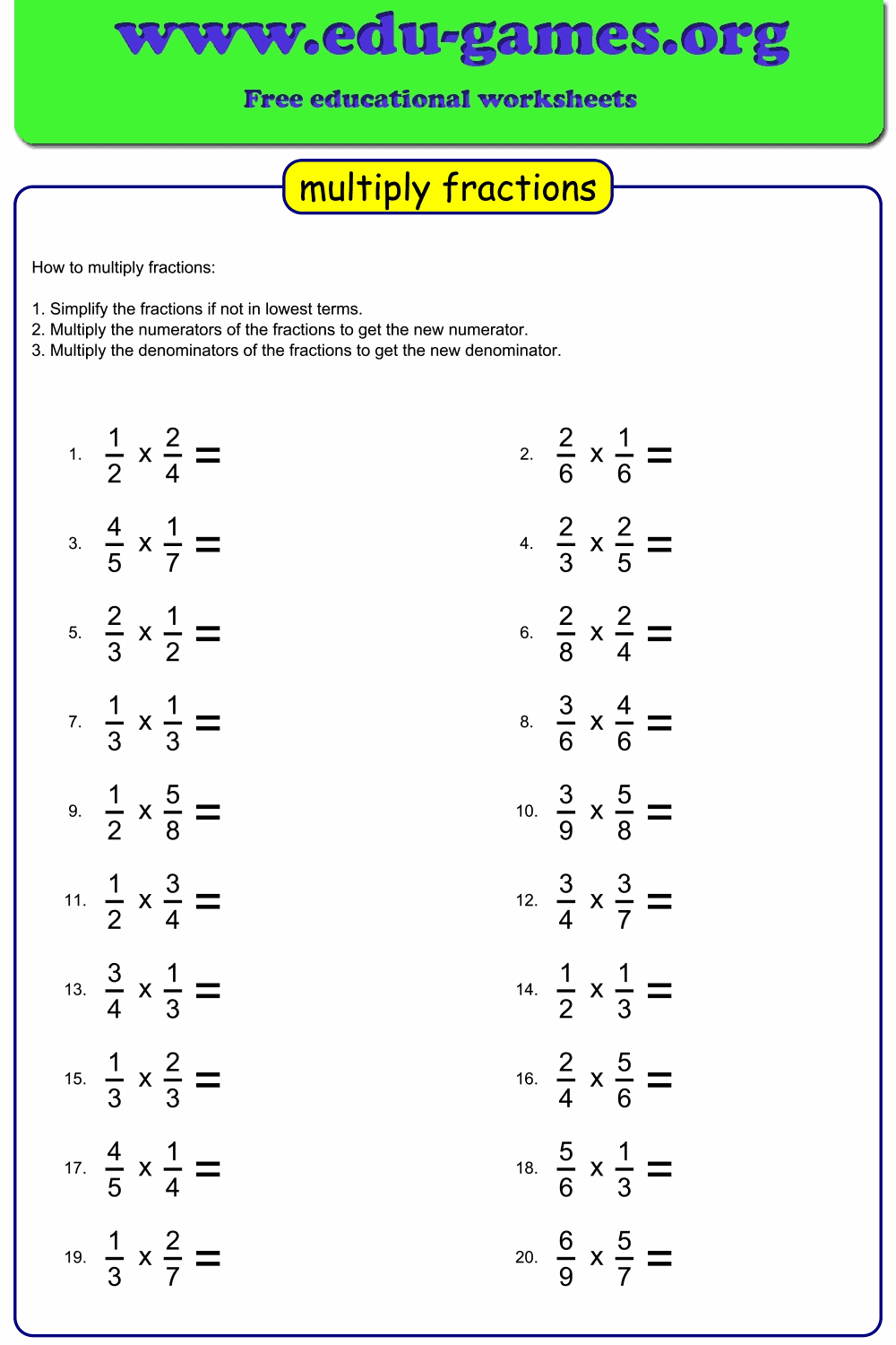 multiplying fractions worksheets