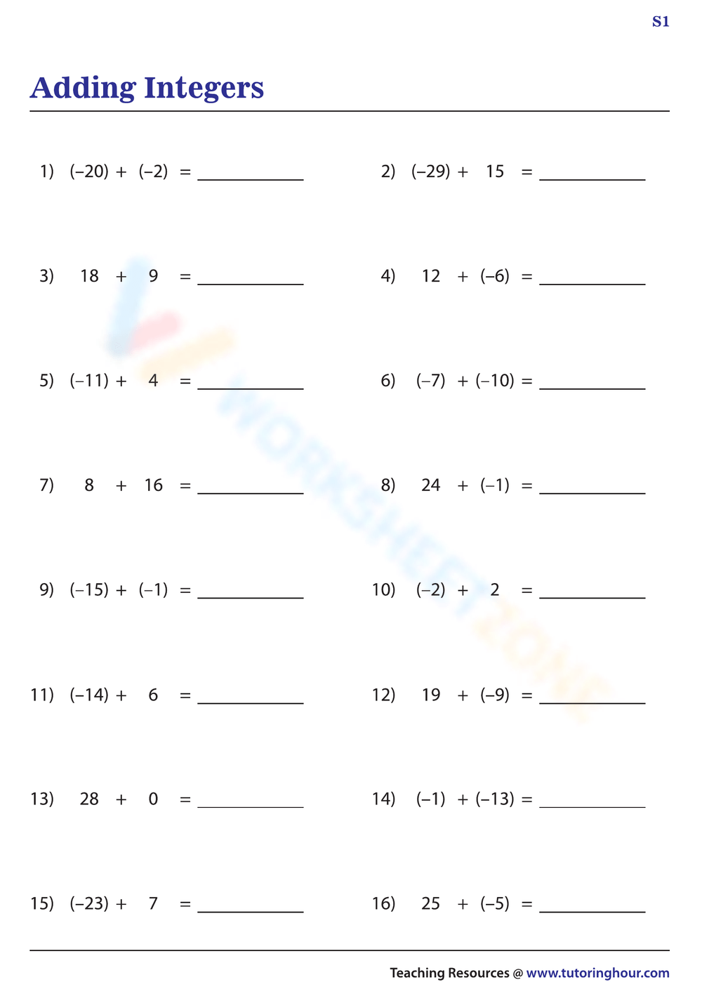 adding integers worksheet