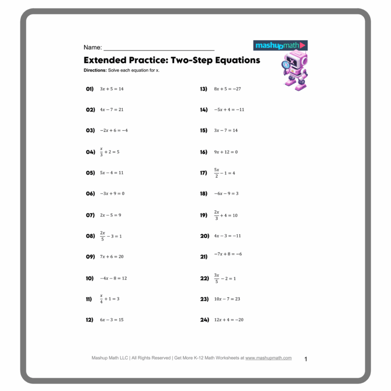 Free Two Step Equations Worksheets Mashup Math