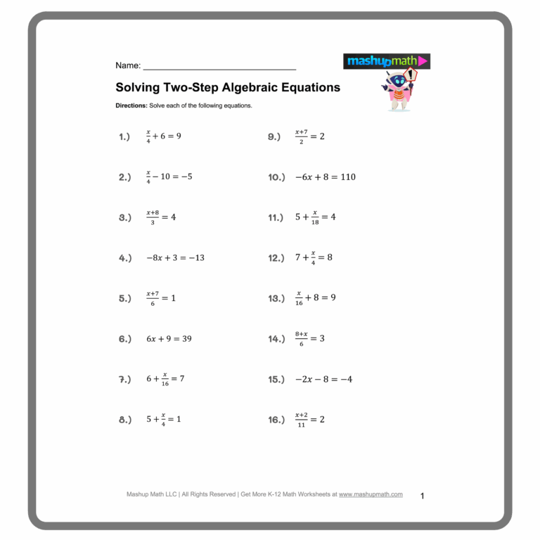 Free Two Step Equations Worksheets Mashup Math