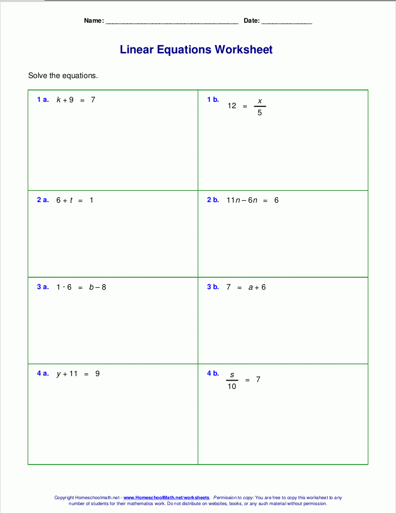 Free Worksheets For Linear Equations grades 6 9 Pre algebra Algebra 1 Free Worksheets For Linear Equations grades 6 9 Pre algebra Algebra 1
