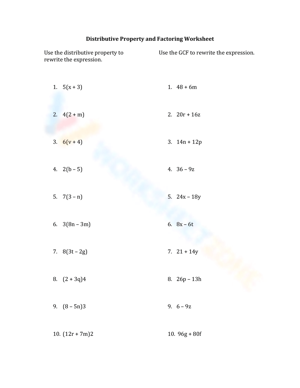 Grade 7 Distributive Property Worksheets Printable