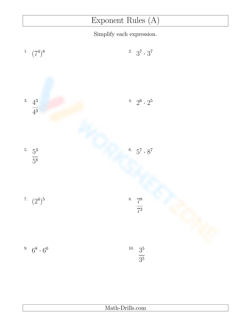 Grade 7 Exponent Rules Review Worksheets