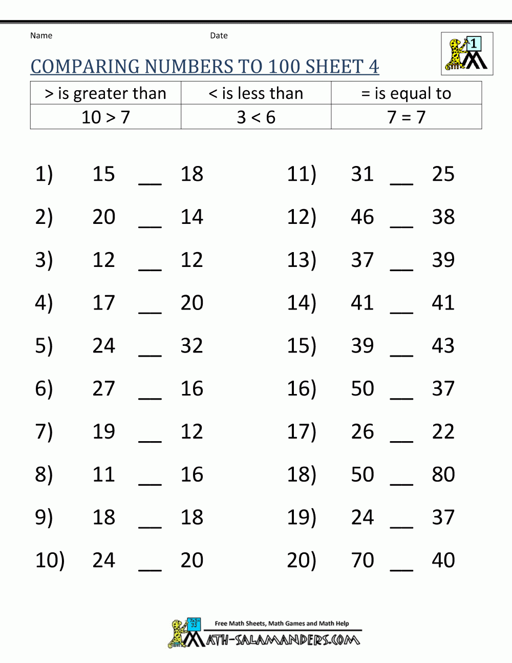 Greater Than Less Than Worksheet Comparing Numbers To 100 Greater Than Less Than Worksheet Comparing Numbers To 100